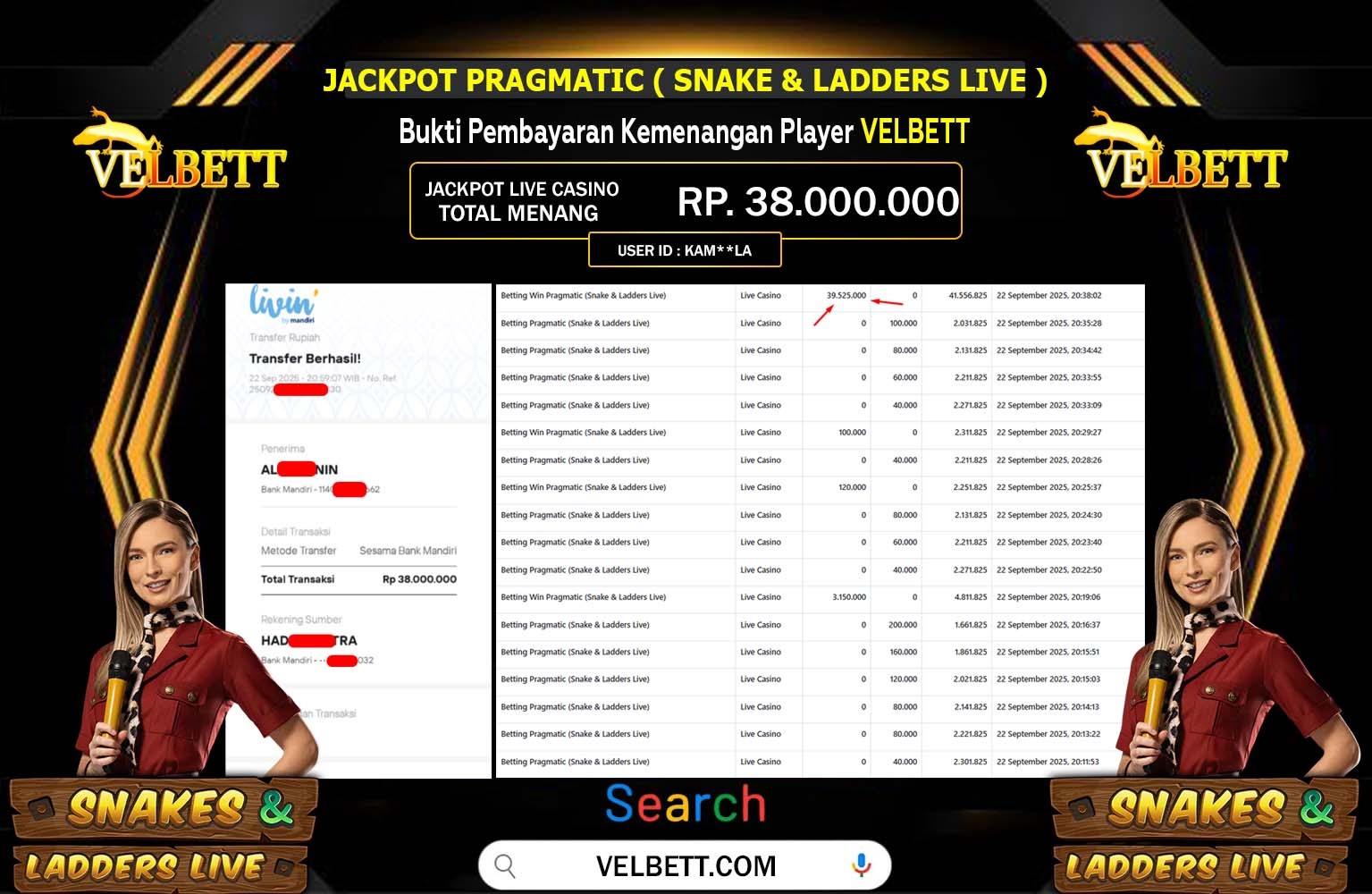 VELBETT JACKPOT PRAGMATIC (Snake & Ladders Live) Rp.38.000.000,- LUNAS
