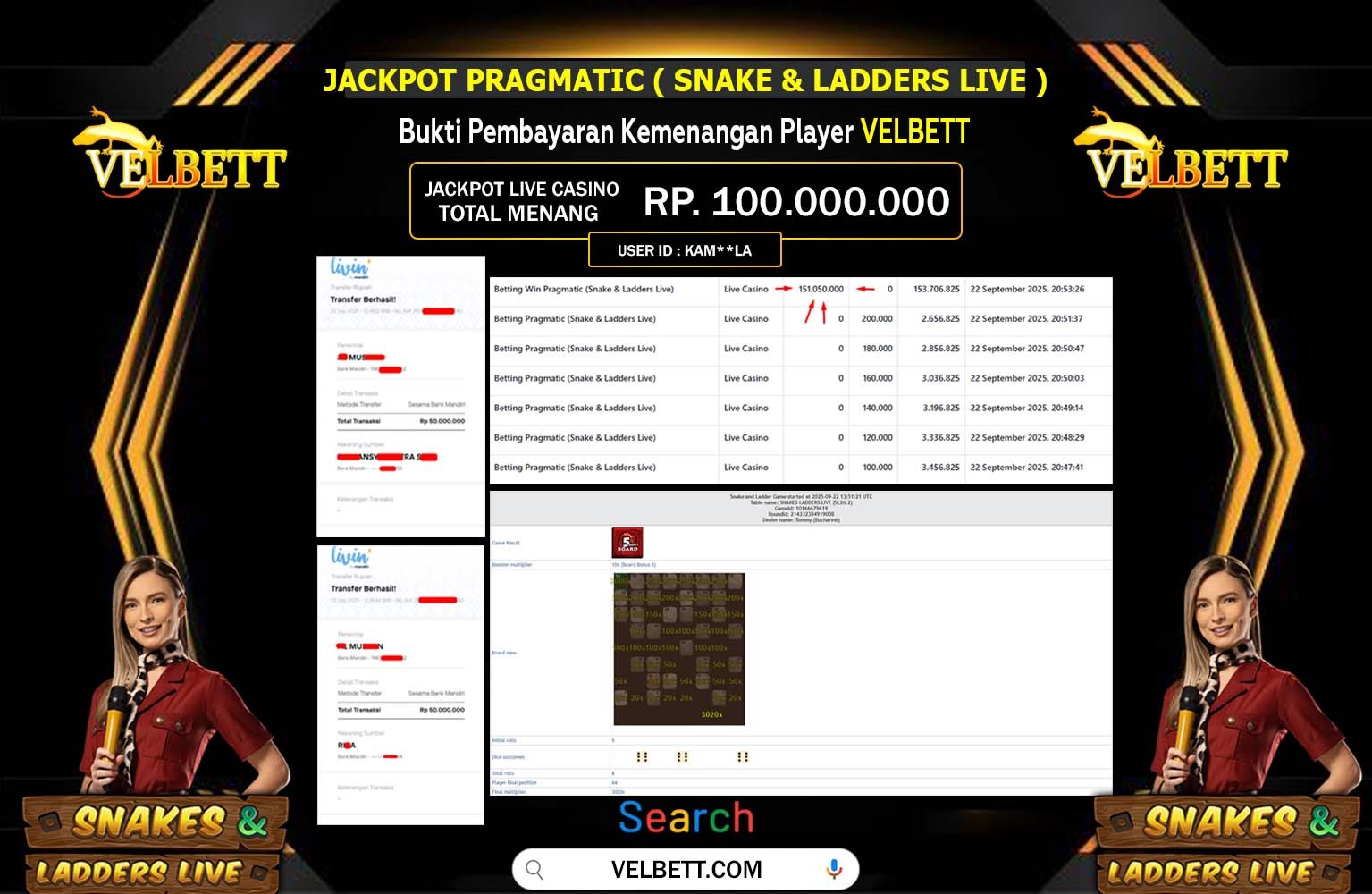 VELBETT JACKPOT PRAGMATIC (Snake & Ladders Live) Rp.100.000.000,- LUNAS