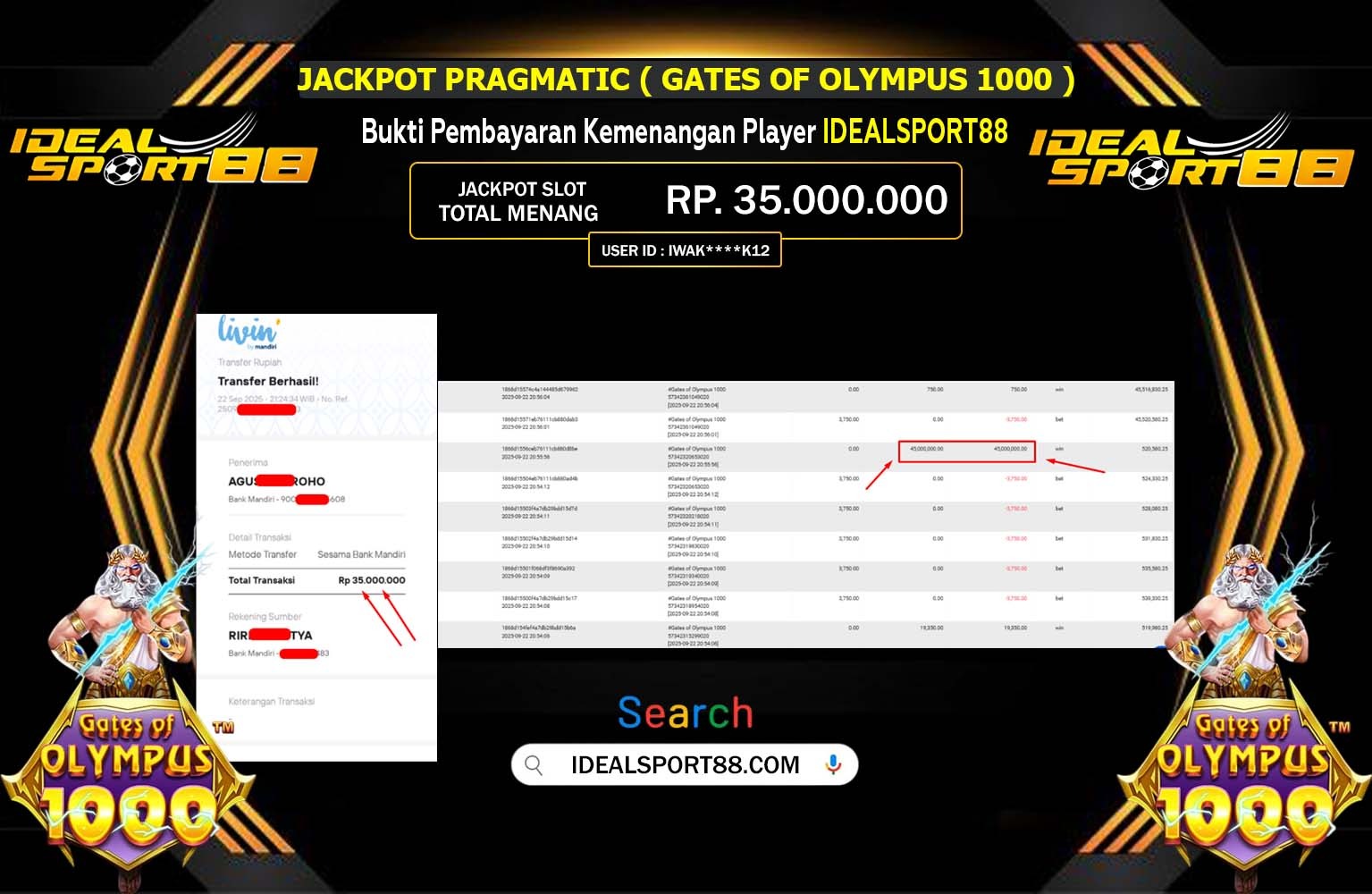 IDEALSPORT88 JACKPOT PRAGMATIC (GATES OF OLYMPUS 1000) Rp.35.000.000,- LUNAS