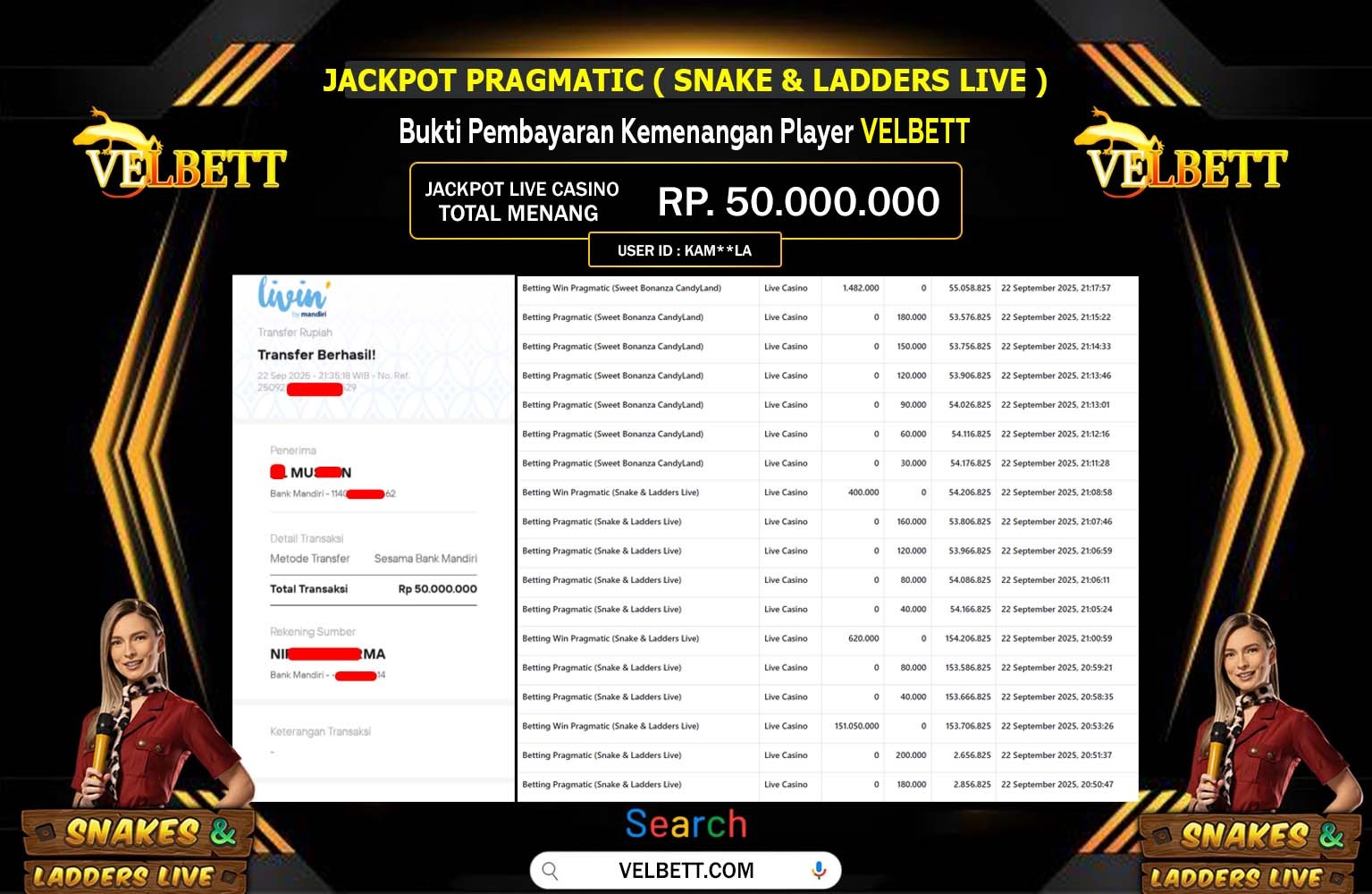 VELBETT JACKPOT PRAGMATIC (Snake & Ladders Live) Rp.50.000.000,- LUNAS