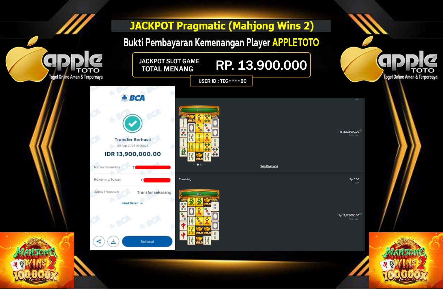 APPLETOTO JACKPOT PRAGMATIC (MAHJONG WINS 2) Rp.13.900.000,- LUNAS