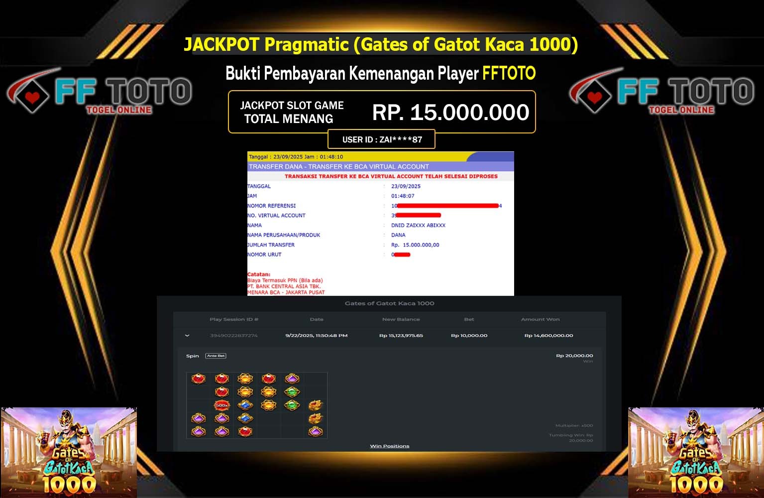 FFTOTO JACKPOT PRAGMATIC (GATES OF GATOT KACA 1000) Rp.15.000.000,- LUNAS