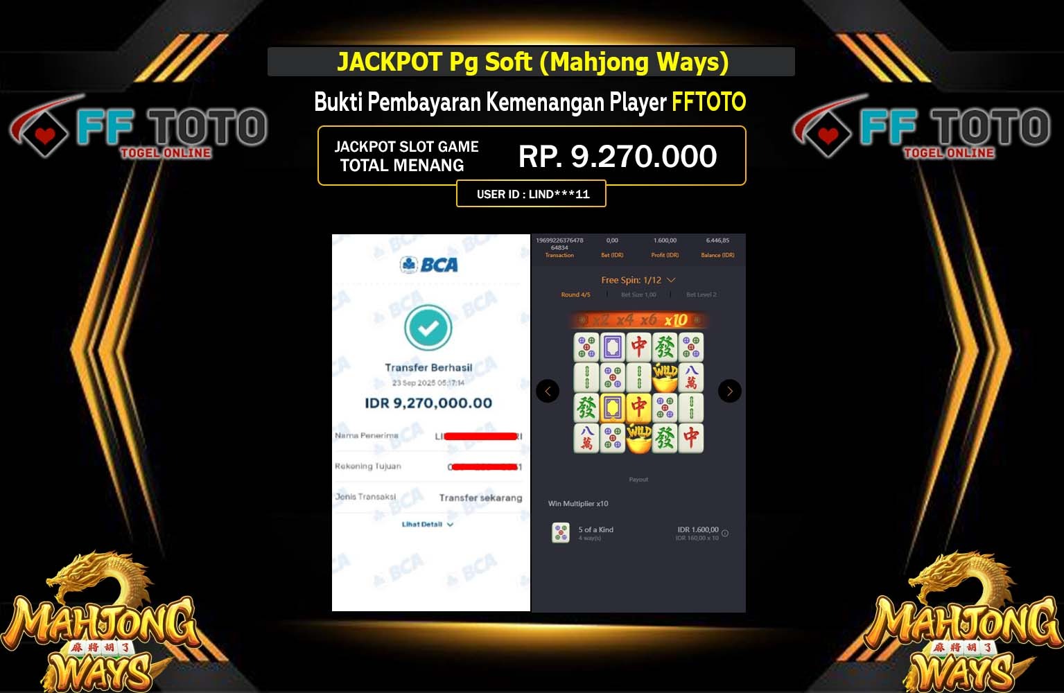 FFTOTO JACKPOT PG SOFT (MAHJONG WAYS) Rp.9.270.000,- LUNAS