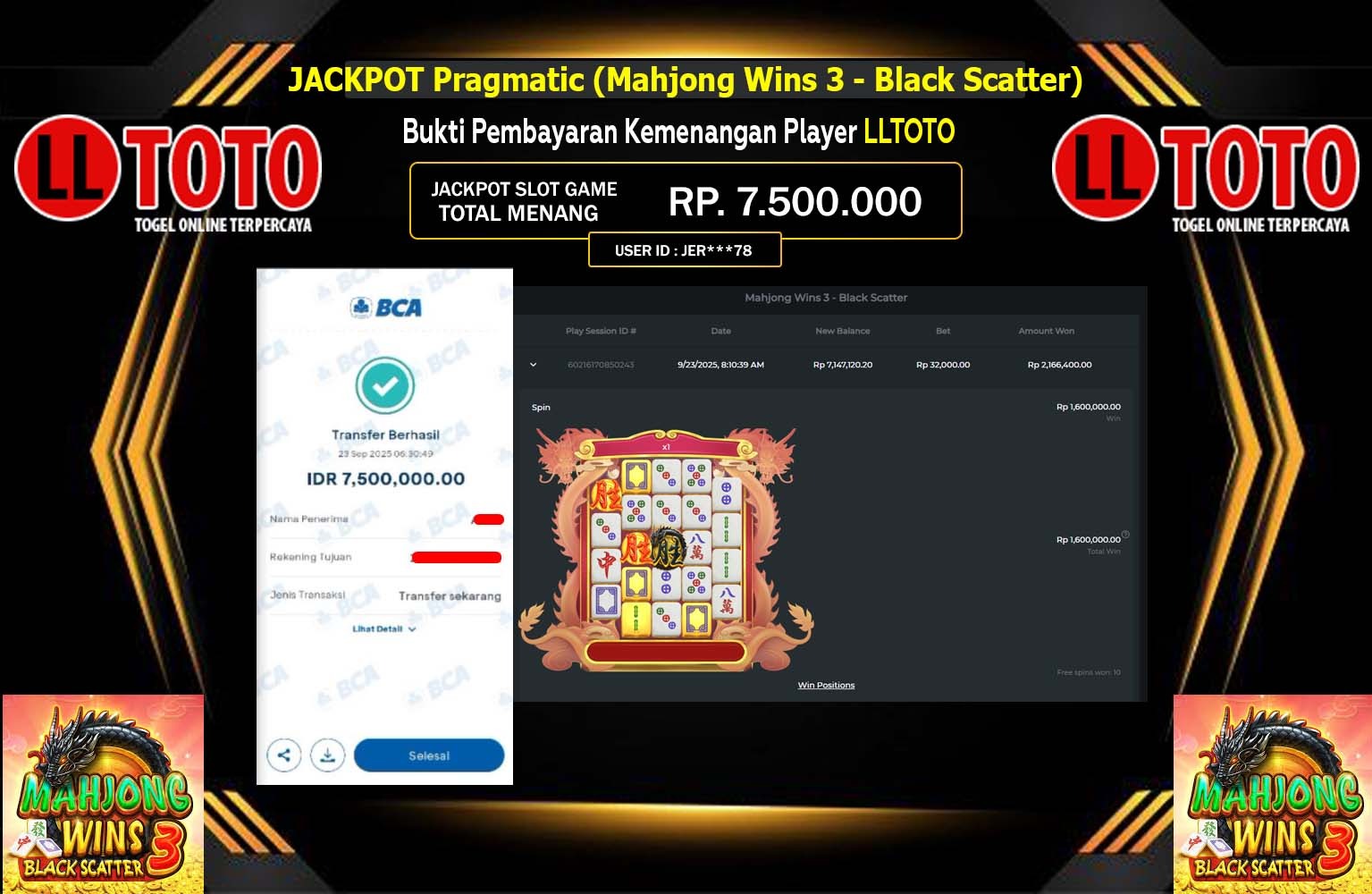 LLTOTO JACKPOT PRAGMATIC (MAHJONG WINS 3 - BLACK SCATTER) Rp.7.500.000,- LUNAS