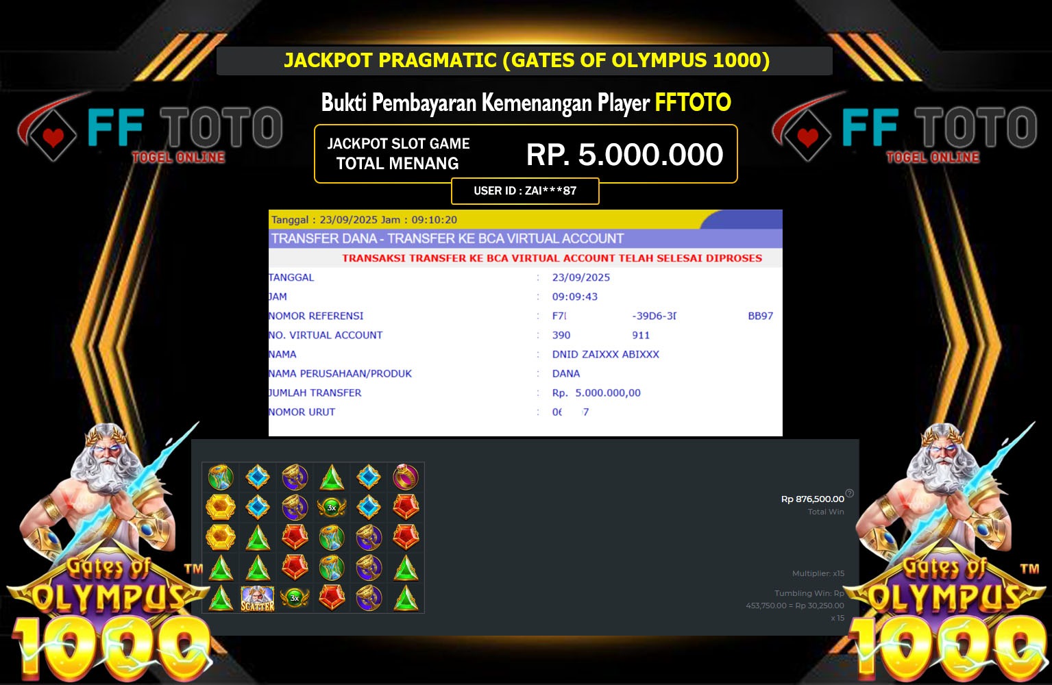 FFTOTO JACKPOT PRAGMATIC (GATES OF OLYMPUS 1000) Rp.5.000.000,- LUNAS