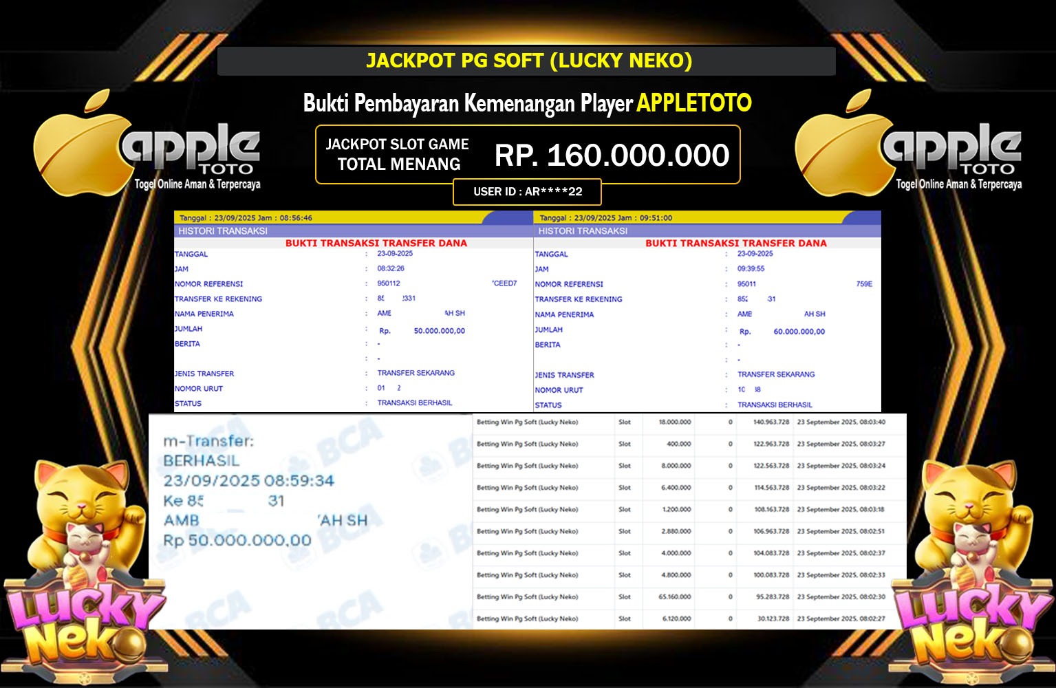 APPLETOTO JACKPOT PG SOFT (LUCKY NEKO) Rp.160.000.000,- LUNAS
