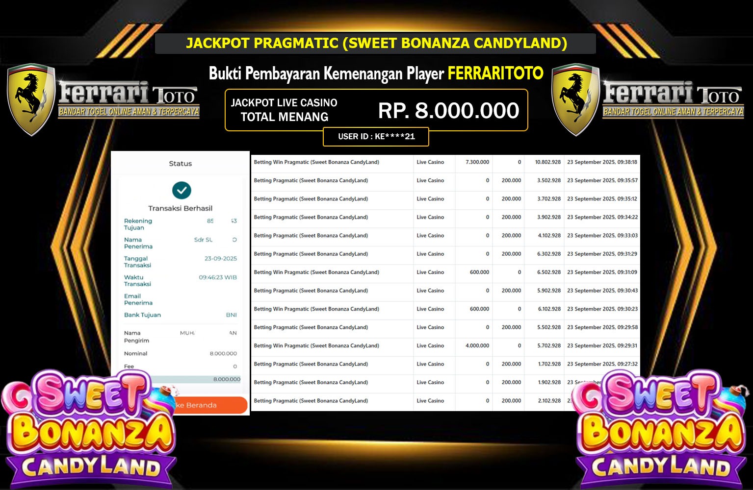 FERRARITOTO JACKPOT PRAGMATIC (SWEET BONANZA CANDYLAND) Rp.8.000.000,- LUNAS