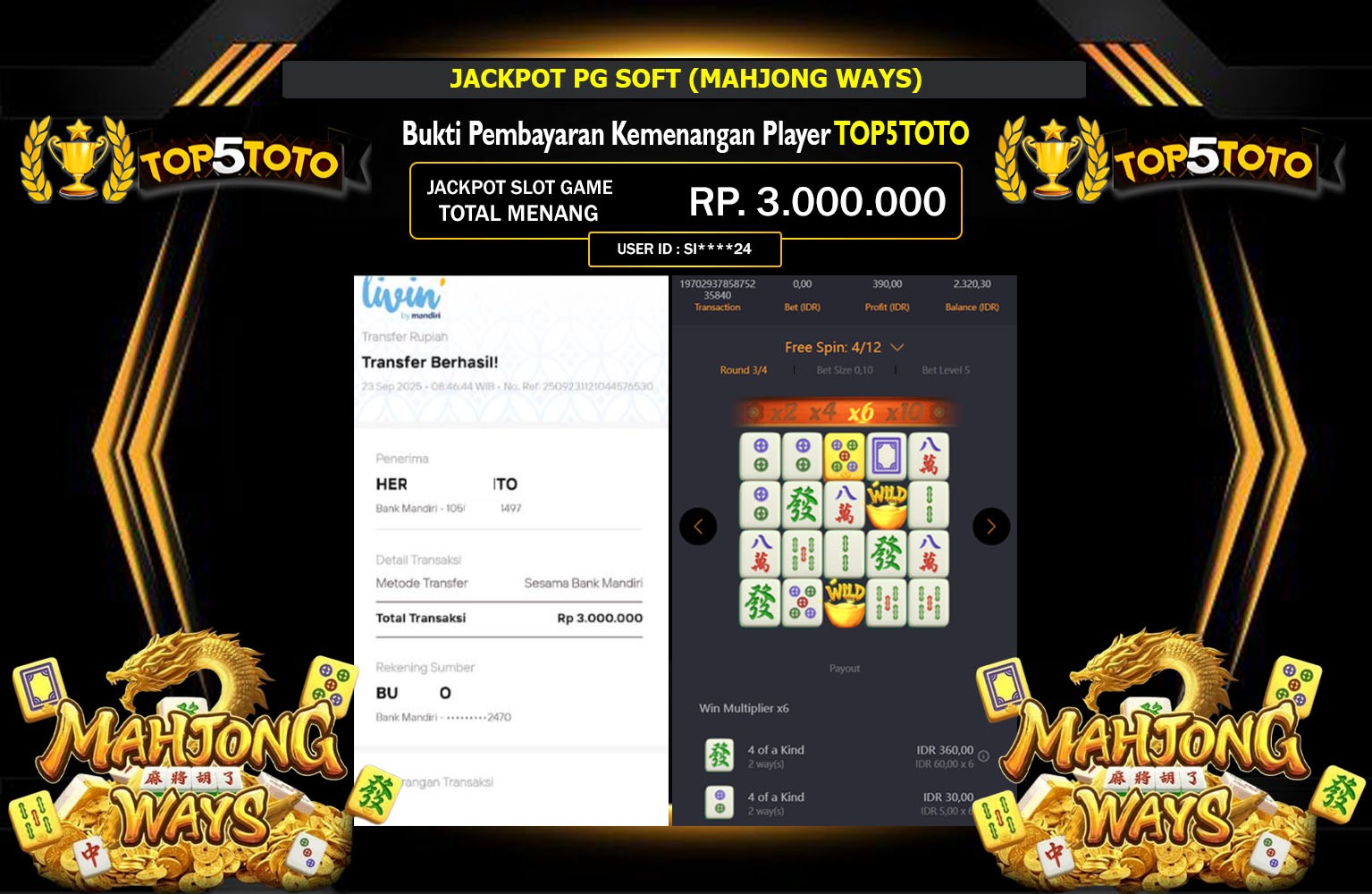 TOP5TOTO JACKPOT PG SOFT (MAHJONG WAYS) Rp.3.000.000,- LUNAS