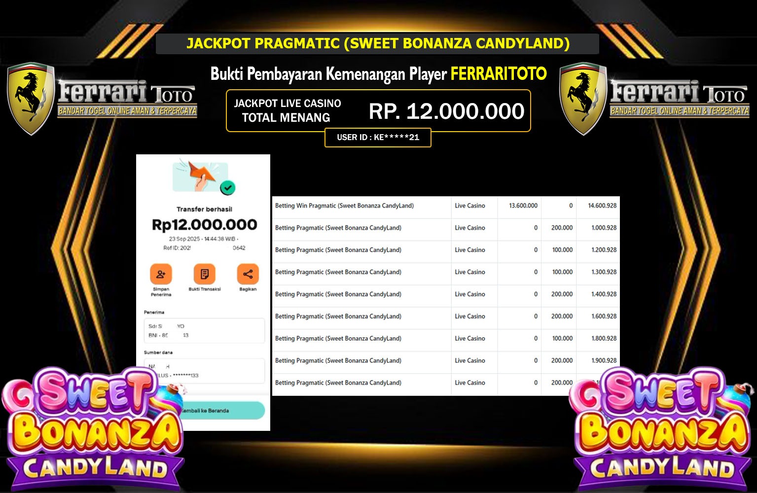 FERRARITOTO JACKPOT PRAGMATIC (SWEET BONANZA CANDYLAND) Rp.12.000.000,- LUNAS