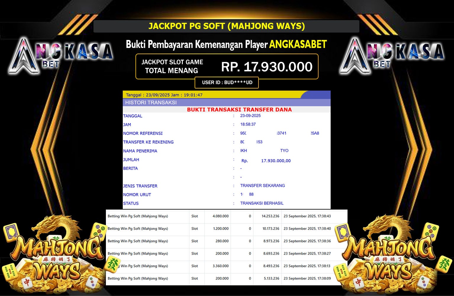 ANGKASABET JACKPOT PG SOFT (MAHJONG WAYS) Rp.17.930.000,- LUNAS