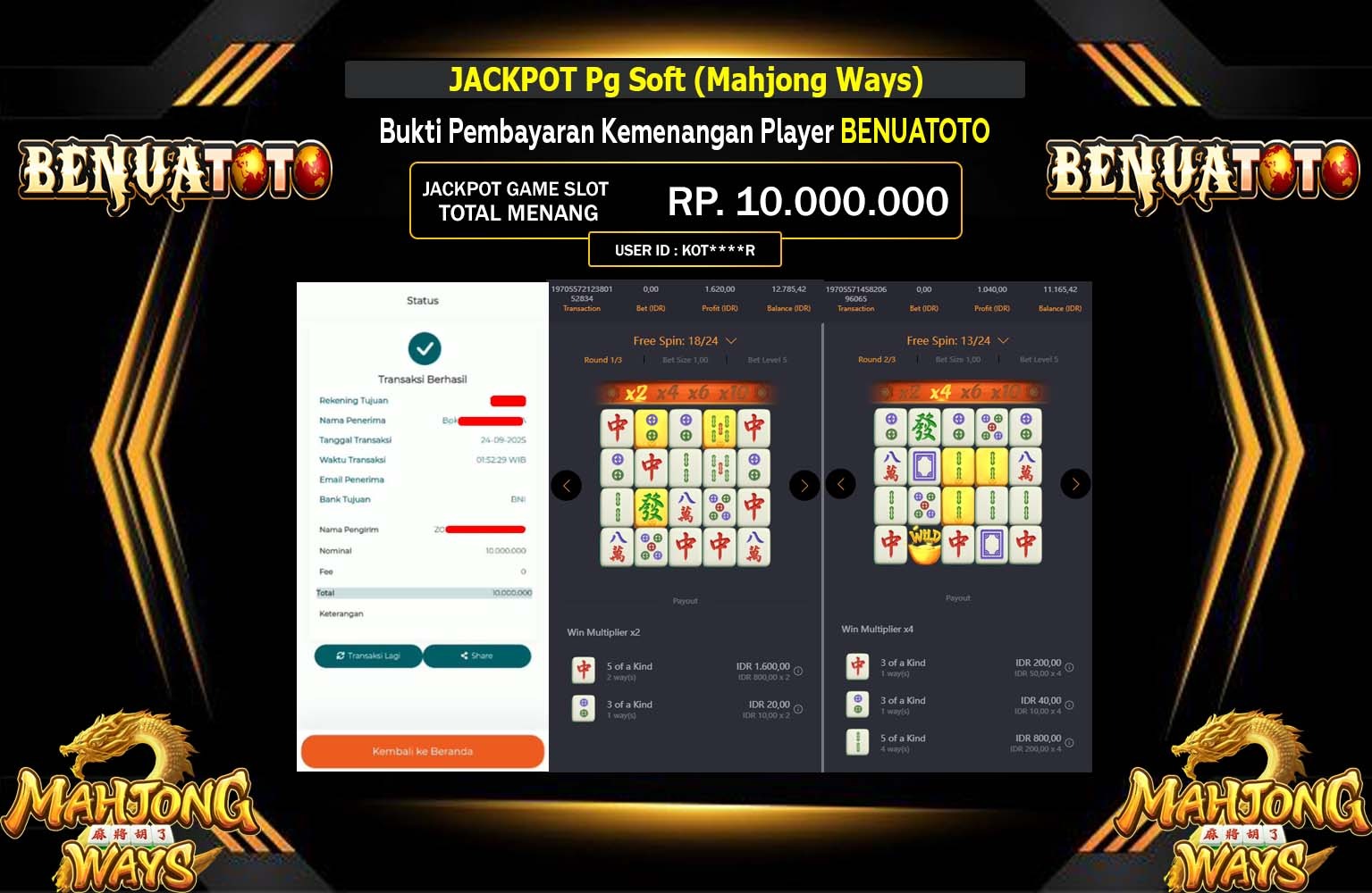 BENUATOTO JACKPOT PG SOFT (MAHJONG WAYS) Rp.10.000.000,- LUNAS