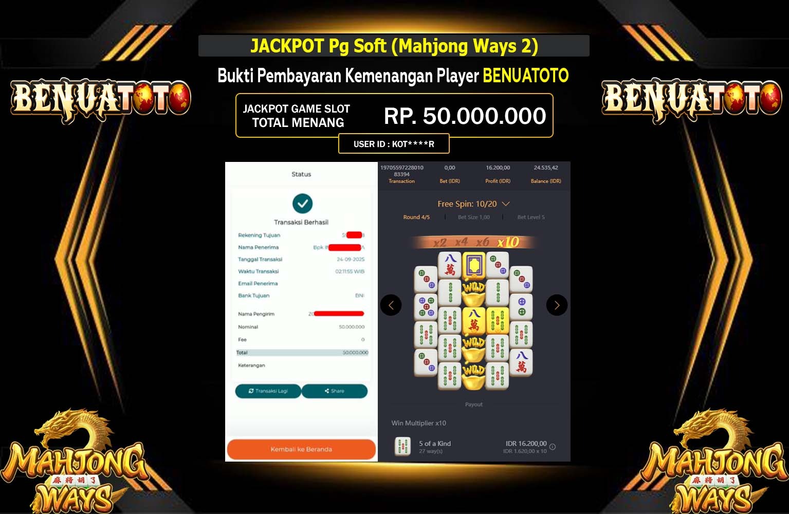 BENUATOTO JACKPOT PG SOFT (MAHJONG WAYS 2) Rp.50.000.000,- LUNAS