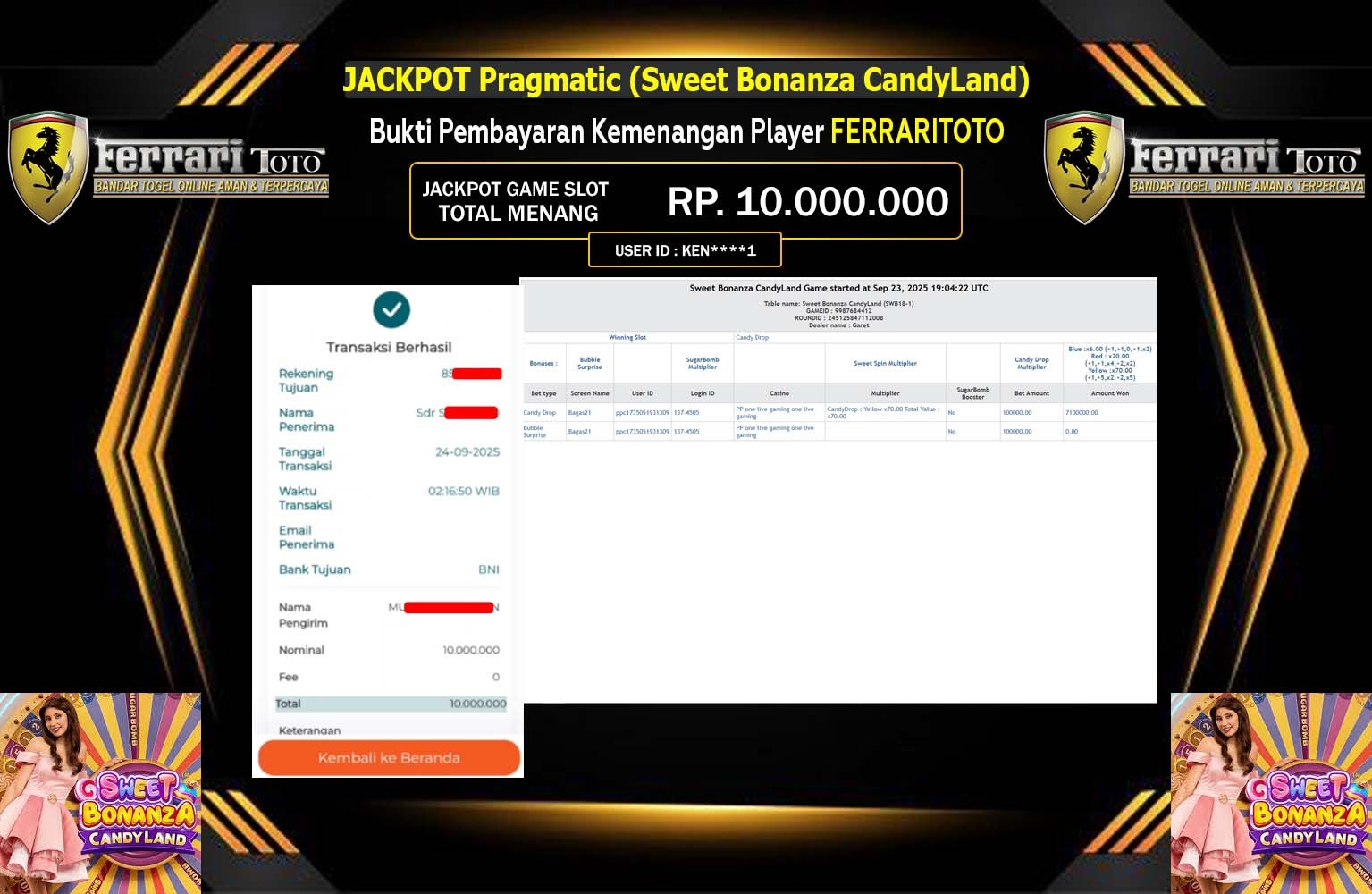 FERRARITOTO JACKPOT PRAGMATIC (SWEET BONANZA CANDYLAND) Rp.10.000.000,- LUNAS