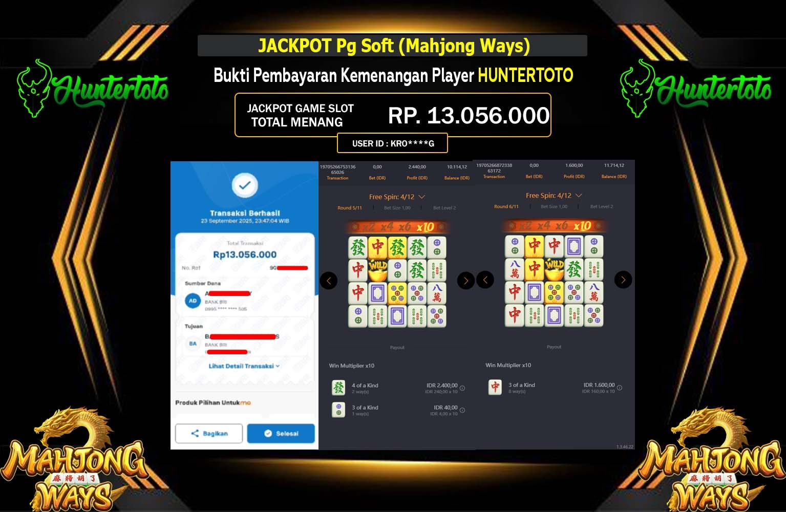 HUNTERTOTO JACKPOT PG SOFT (MAHJONG WAYS) Rp.13.056.000,- LUNAS