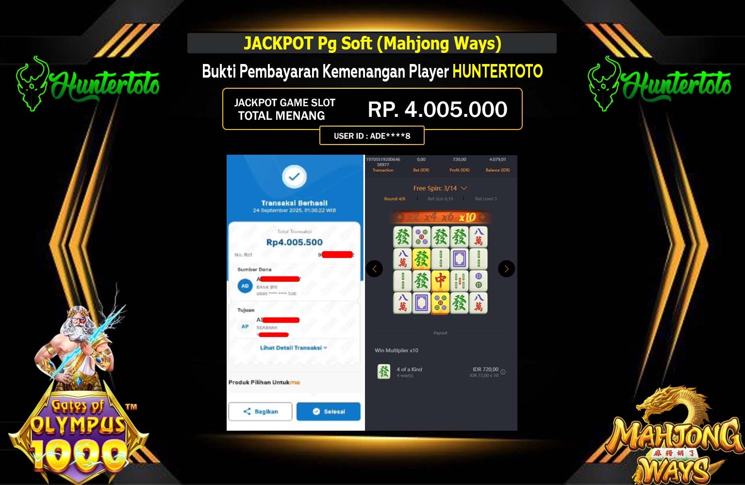 HUNTERTOTO JACKPOT PG SOFT (MAHJONG WAYS) Rp.4.005.000,- LUNAS