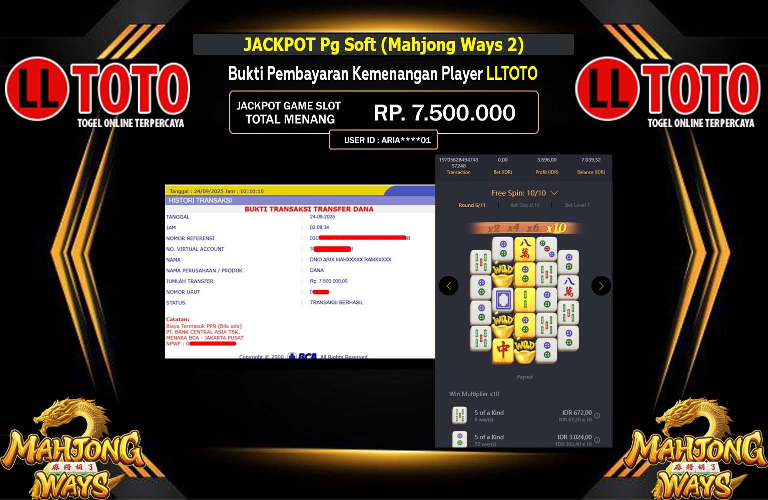 LLTOTO JACKPOT PG SOFT (MAHJONG WAYS 2) Rp.7.500.000,- LUNAS