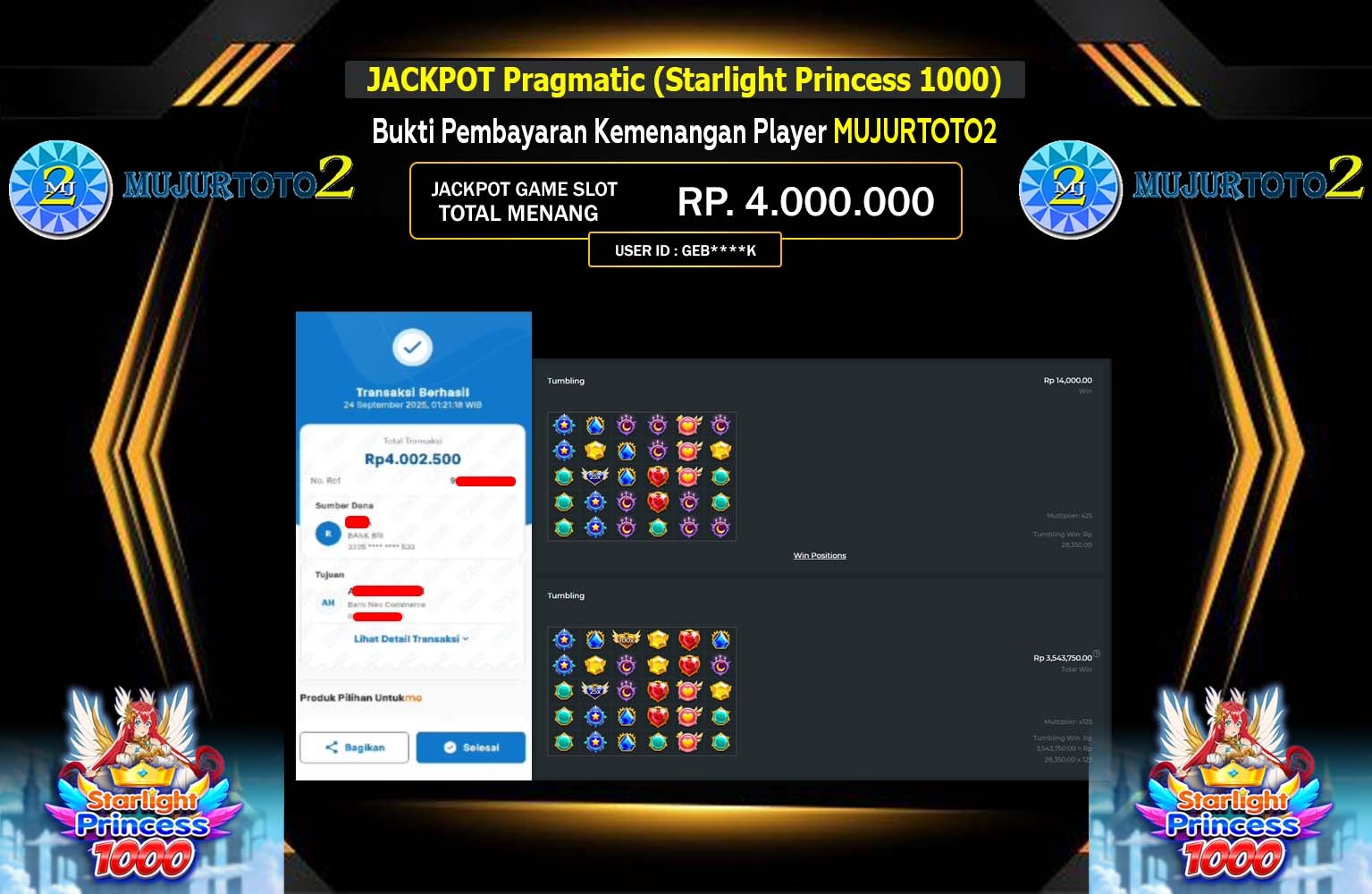 MUJURTOTO2 JACKPOT PRAGMATIC (STARLIGHT PRINCESS 1000) Rp.4.000.000,- LUNAS