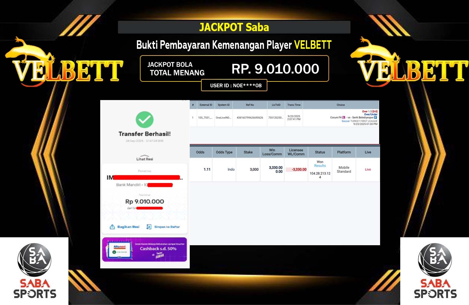 VELBETT JACKPOT SPORTSBOOK (SABA SPORT) Rp.9.010.000,- LUNAS