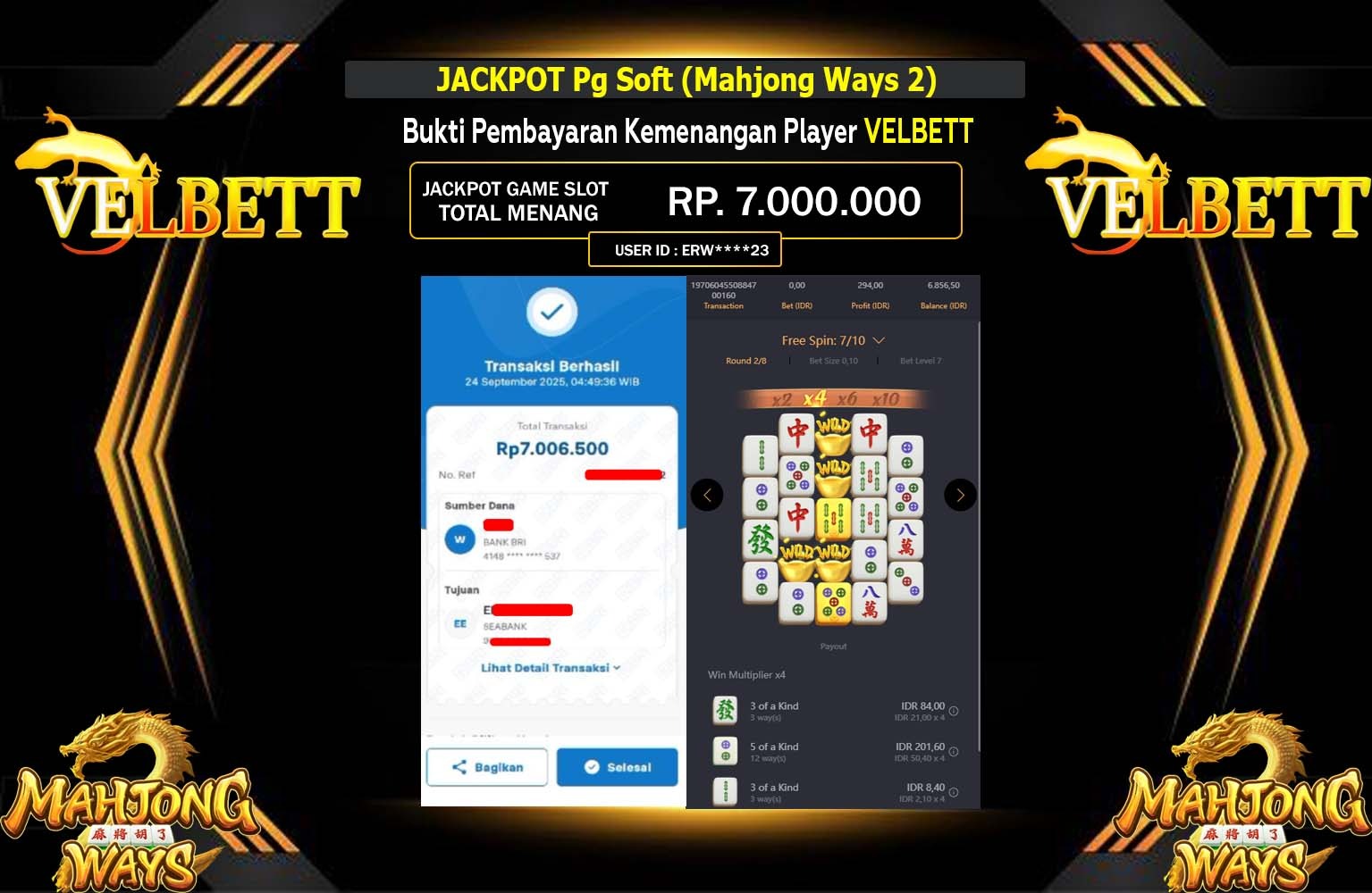VELBETT JACKPOT PG SOFT (MAHJONG WAYS 2) Rp.7.000.000,- LUNAS