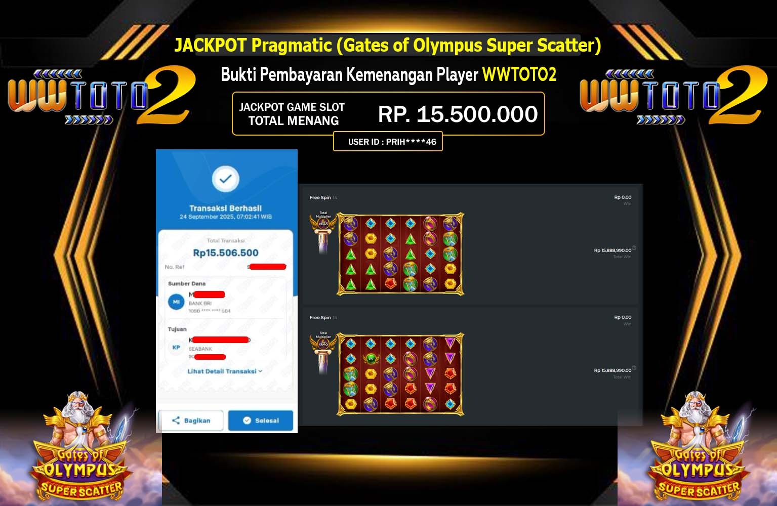 WWTOTO2 JACKPOT PRAGMATIC (GATES OF OLYMPUS SUPER SCATTER) Rp.15.500.000,- LUNAS