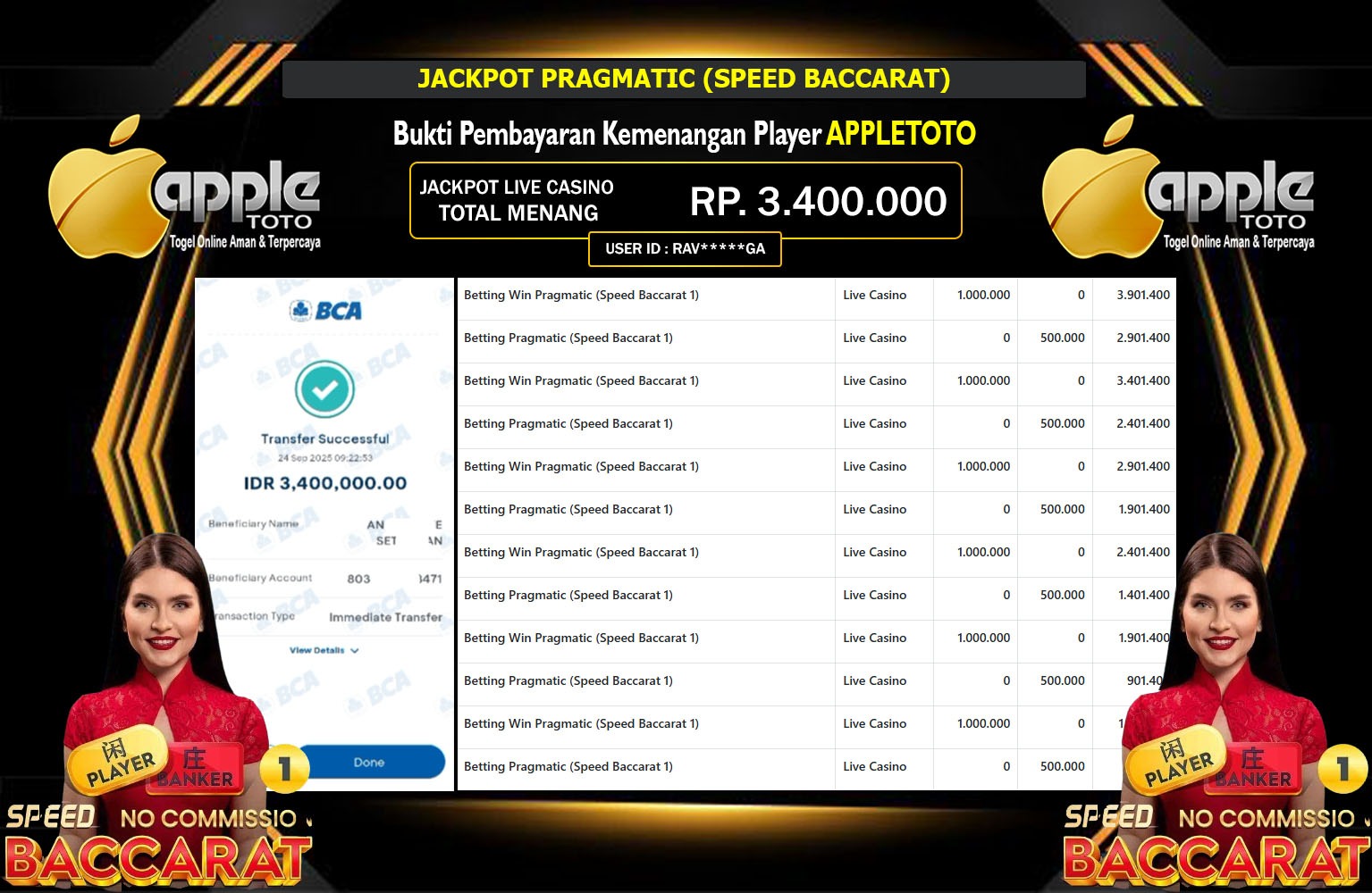 APPLETOTO JACKPOT PRAGMATIC (SPEED BACCARAT) Rp.3.400.000,- LUNAS