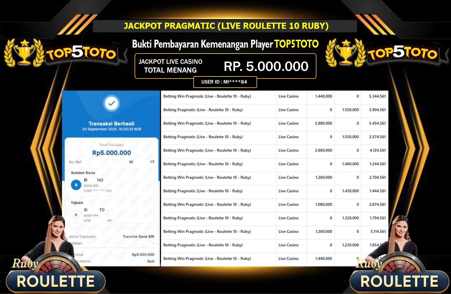 TOP5TOTO JACKPOT PRAGMATIC (LIVE ROULETTE 10 RUBY) Rp.5.000.000,- LUNAS