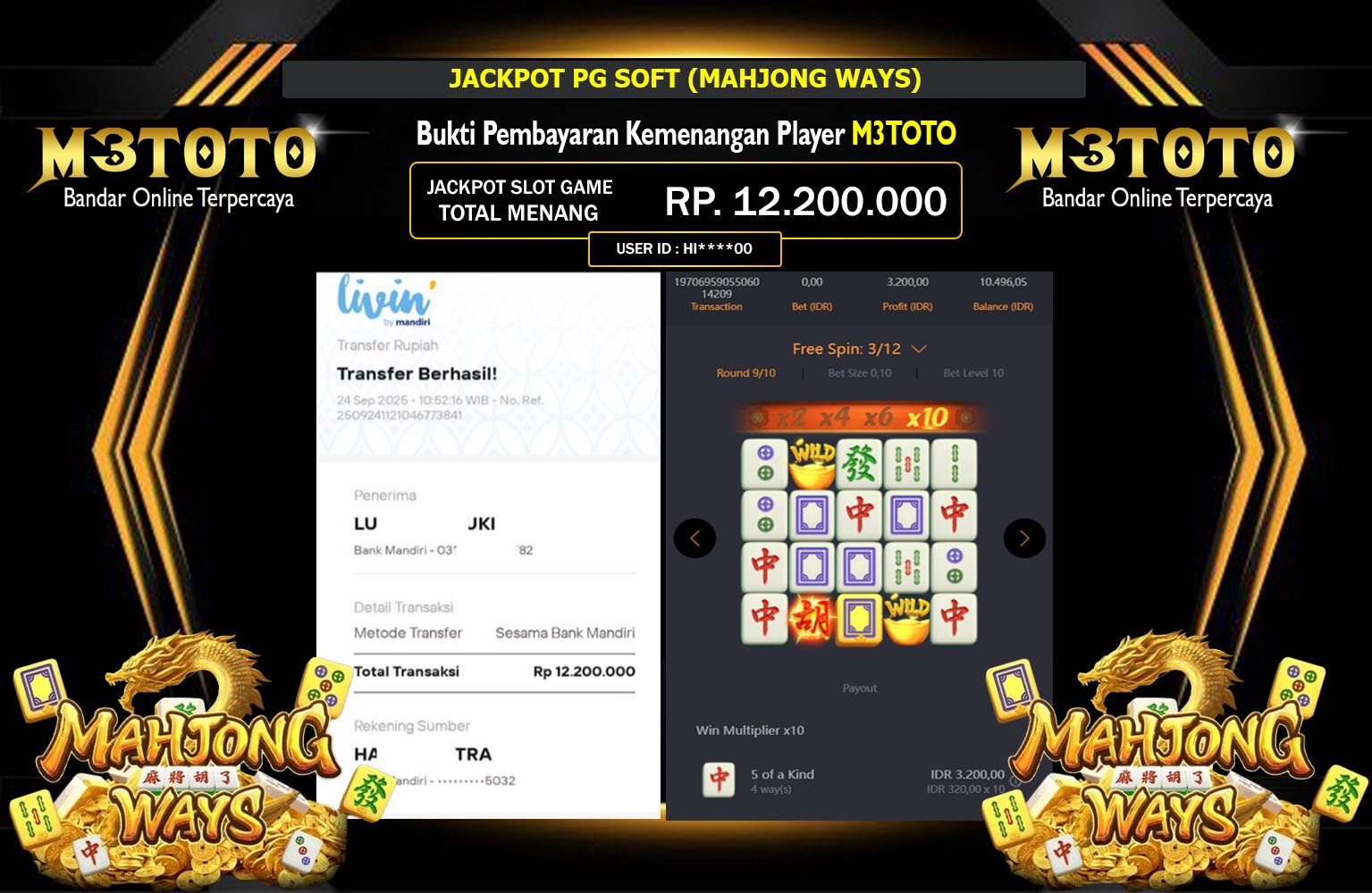M3TOTO JACKPOT PG SOFT (MAHJONG WAYS) Rp.12.200.000,- LUNAS