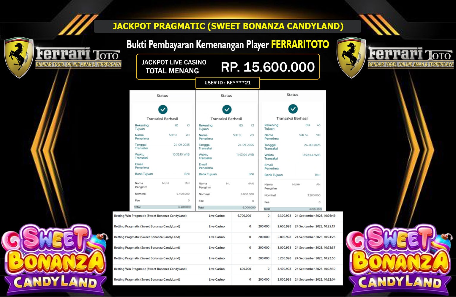 FERRARITOTO JACKPOT PRAGMATIC (SWEET BONANZA CANDYLAND) Rp.15.600.000,- LUNAS