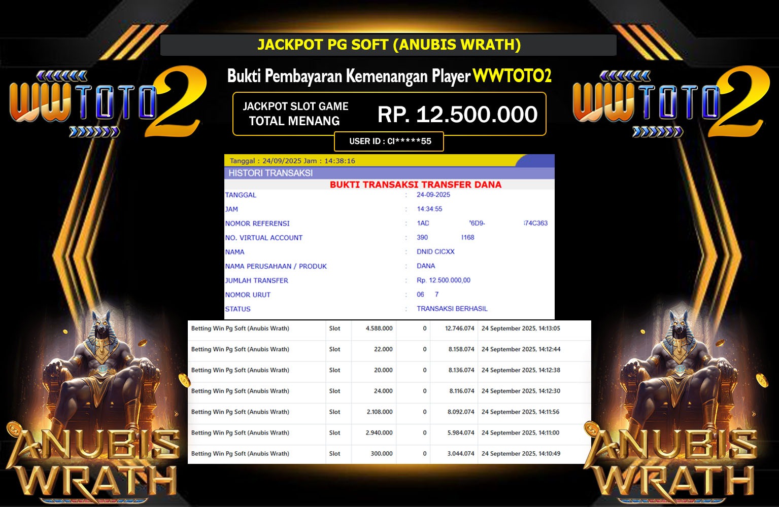 WWTOTO2 JACKPOT PG SOFT (ANUBIS WRATH) Rp.12.500.000,- LUNAS