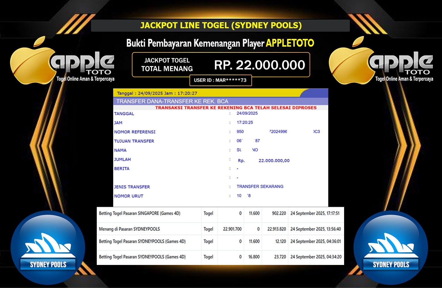 APPLETOTO JACKPOT LINE TOGEL (SYDNEY POOLS) Rp.22.000.000,- LUNAS