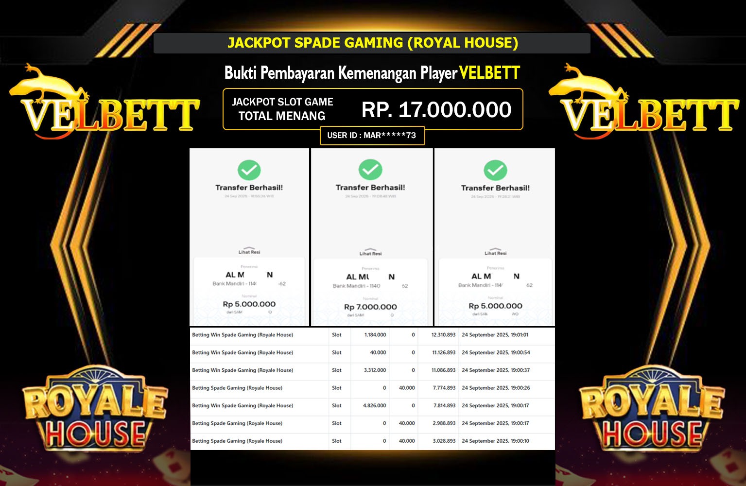 VELBETT JACKPOT SPADE GAMING (ROYAL HOUSE) Rp.17.000.000,- LUNAS