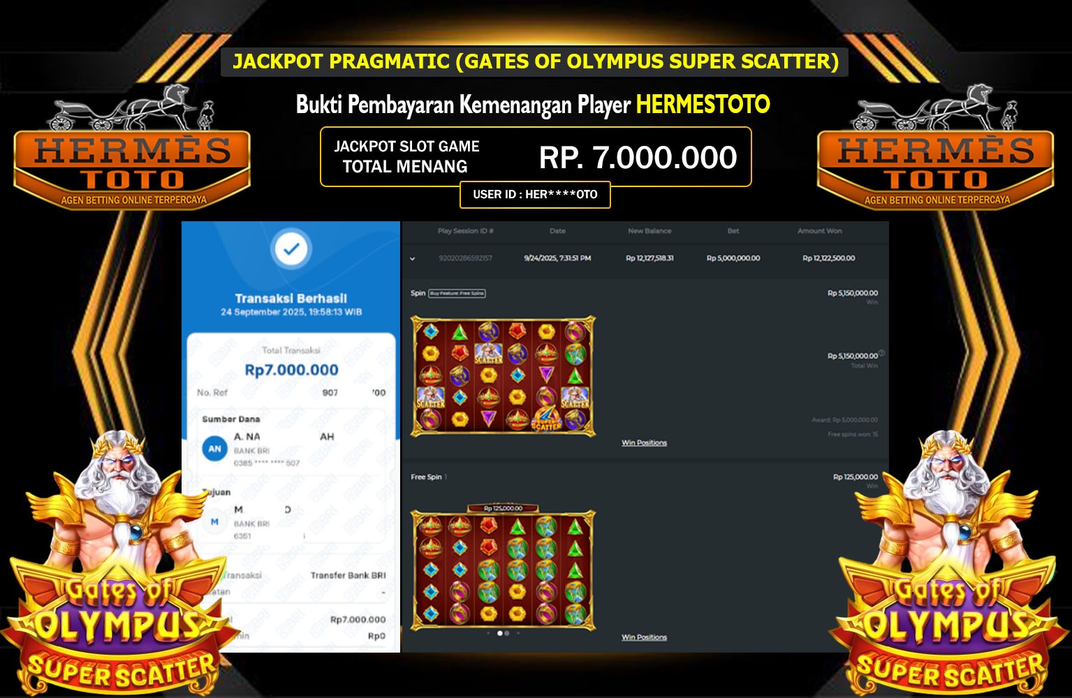 HERMESTOTO JACKPOT PRAGMATIC (GATES OF OLYMPUS SUPER SCATTER) Rp.7.000.000,- LUNAS