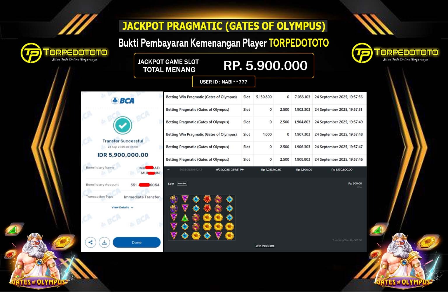 TORPEDOTOTO JACKPOT PRAGMATIC (GATES OF OLYMPUS) Rp.5.900.000,- LUNAS
