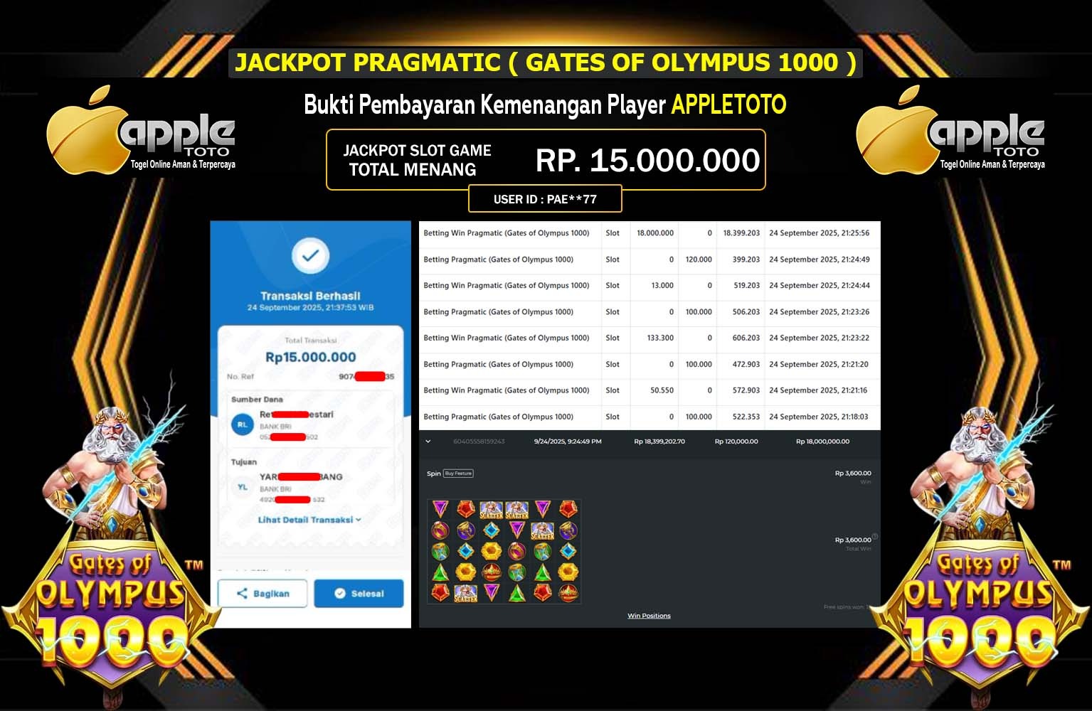 APPLETOTO JACKPOT PRAGMATIC (GATES OF OLYMPUS 1000) Rp.15.000.000,- LUNAS