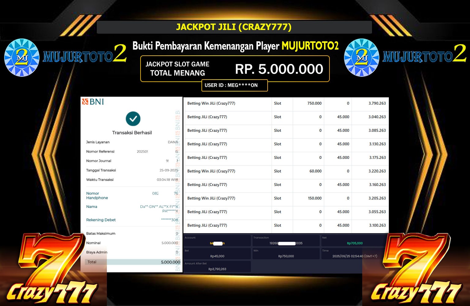 MUJURTOTO2 JACKPOT JILI (CRAZY777) Rp.5.000.000,- LUNAS