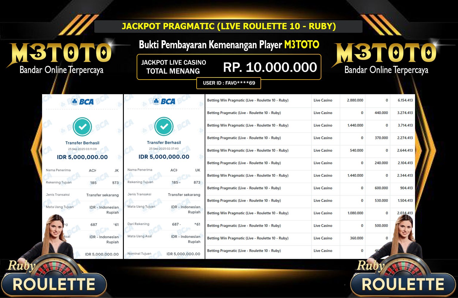 M3TOTO JACKPOT PRAGMATIC (LIVE ROULETTE 10 - RUBY) Rp.10.000.000,- LUNAS