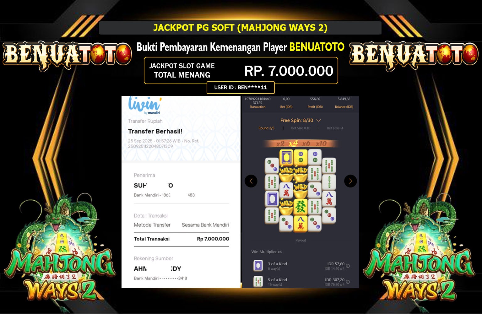 BENUATOTO JACKPOT PG SOFT (MAHJONG WAYS 2) Rp.7.000.000,- LUNAS