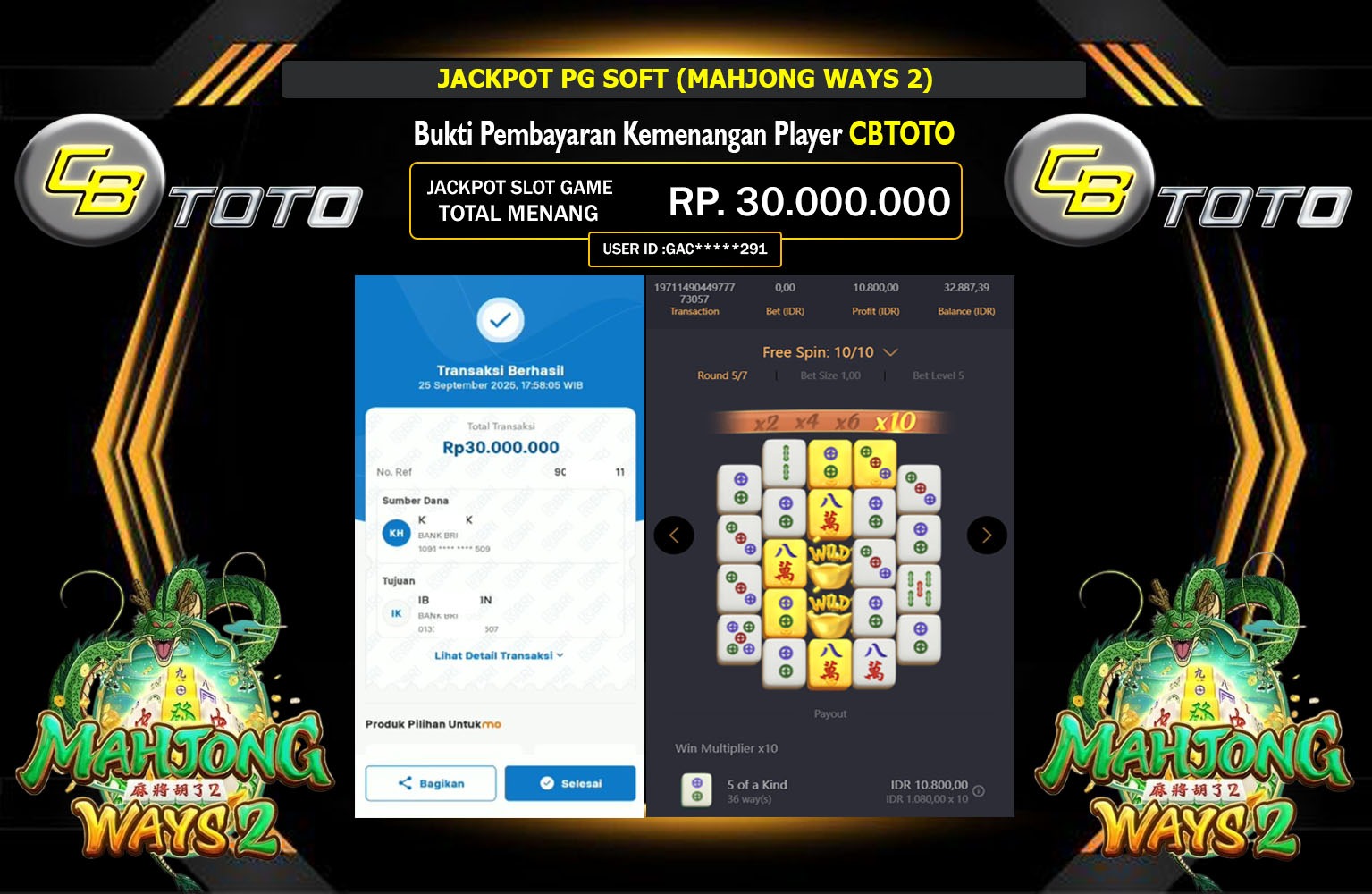 CBTOTO JACKPOT PG SOFT (MAHJONG WAYS 2) Rp.30.000.000,- LUNAS