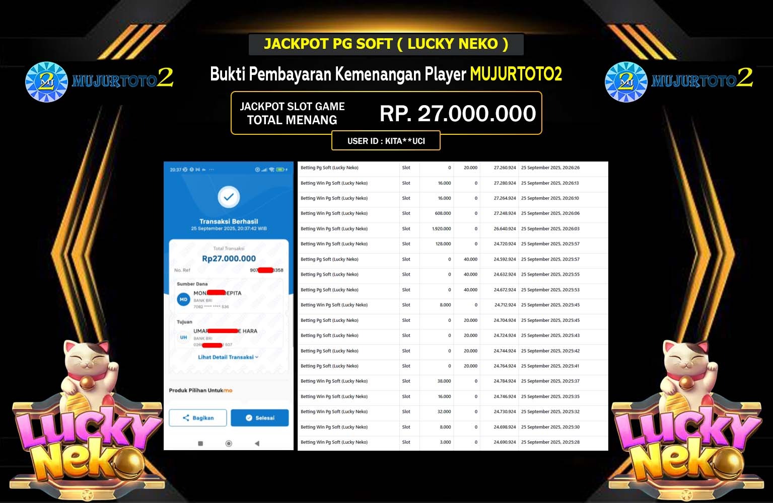 MUJURTOTO2 JACKPOT PG SOFT (LUCKY NEKO) Rp.27.000.000,- LUNAS