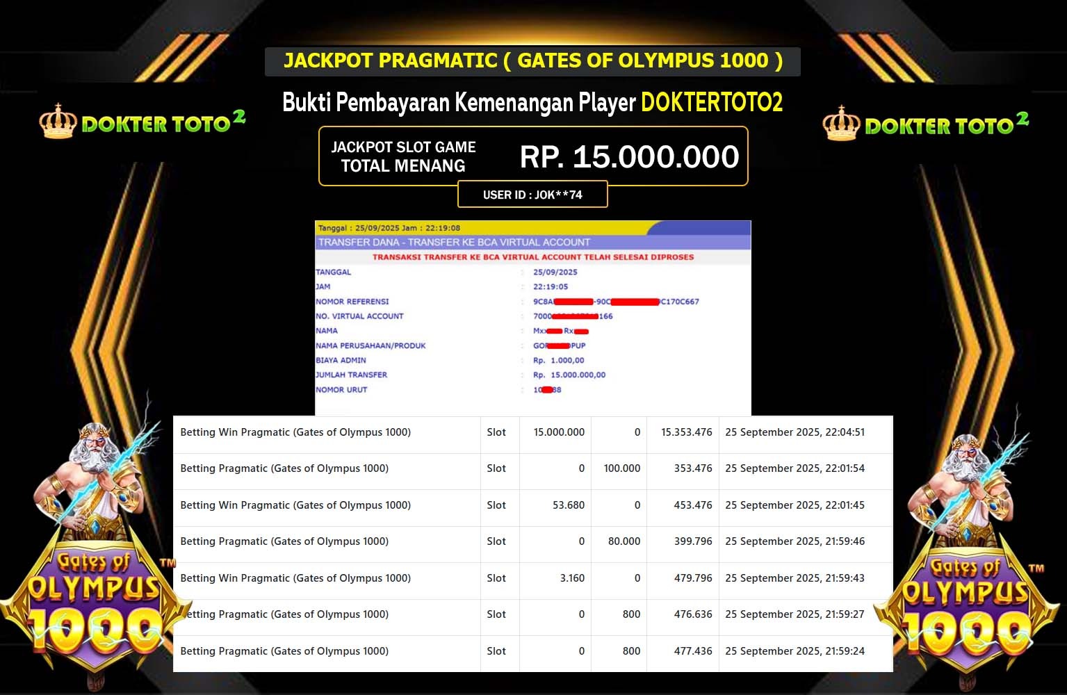DOKTERTOTO2 JACKPOT PRAGMATIC (GATES OF OLYMPUS 1000) Rp.15.000.000,- LUNAS