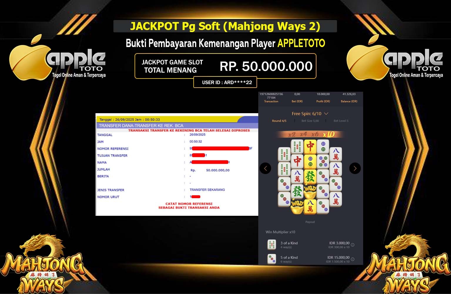 APPLETOTO JACKPOT PG SOFT (MAHJONG WAYS 2) Rp.50.000.000,- LUNAS
