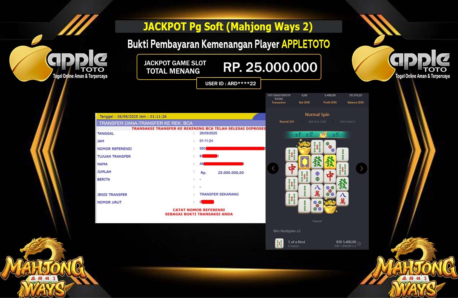 APPLETOTO JACKPOT PG SOFT (MAHJONG WAYS 2) Rp.25.000.000,- LUNAS