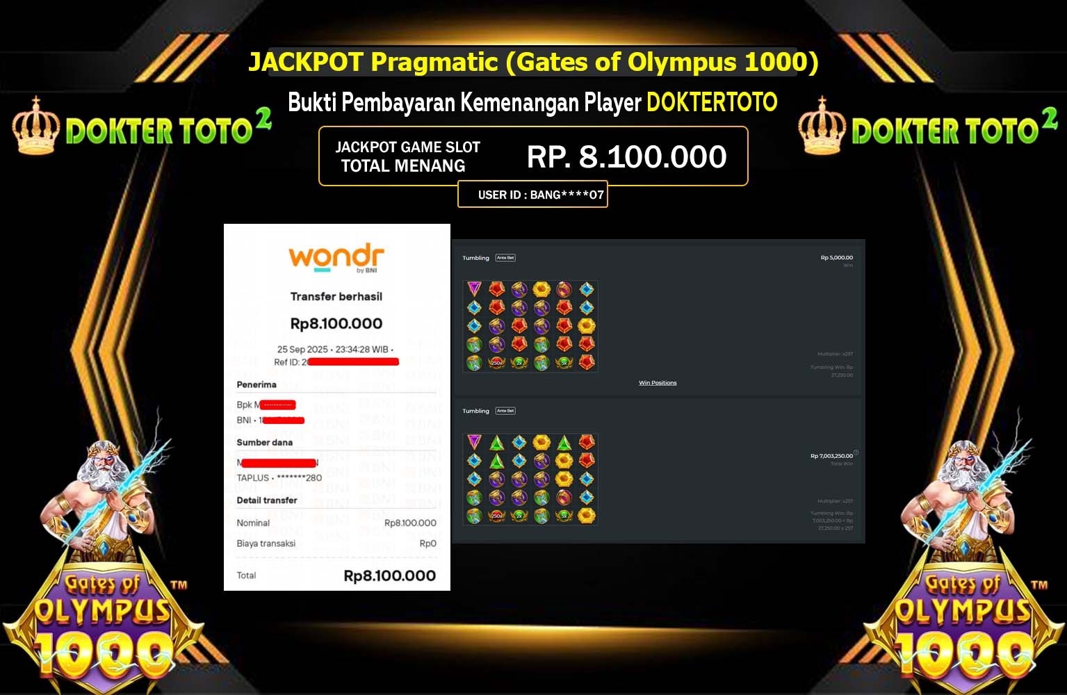 DOKTERTOTO2 JACKPOT PRAGMATIC (GATES OF OLYMPUS 1000) Rp.8.100.000,- LUNAS