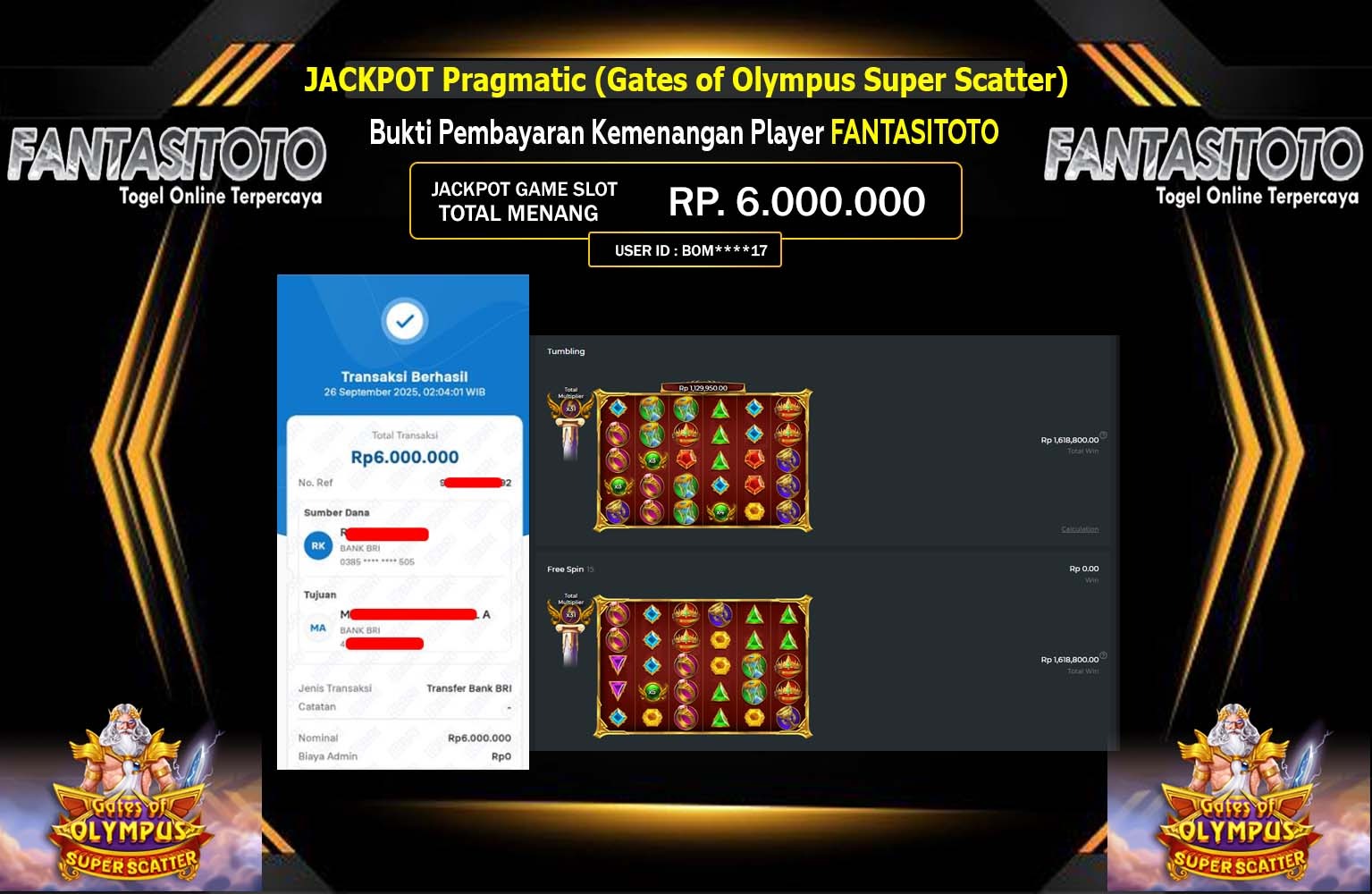 FANTASITOTO JACKPOT PRAGMATIC (GATES OF OLYMPUS SUPER SCATTER) Rp.6.000.000,- LUNAS