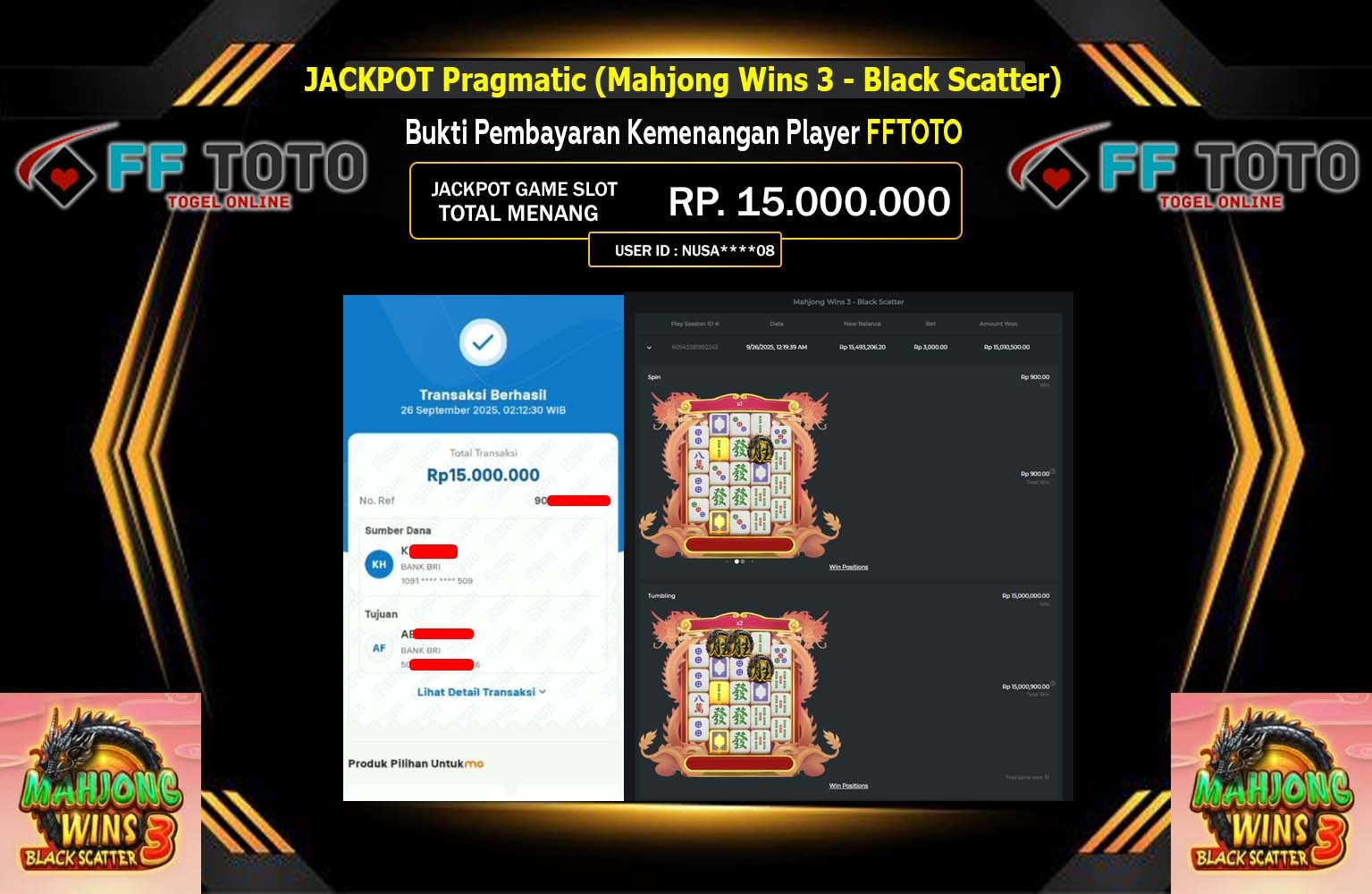 FFTOTO JACKPOT PRAGMATIC (MAHJONG WINS 3 - BLACK SCATTER) Rp.15.000.000,- LUNAS