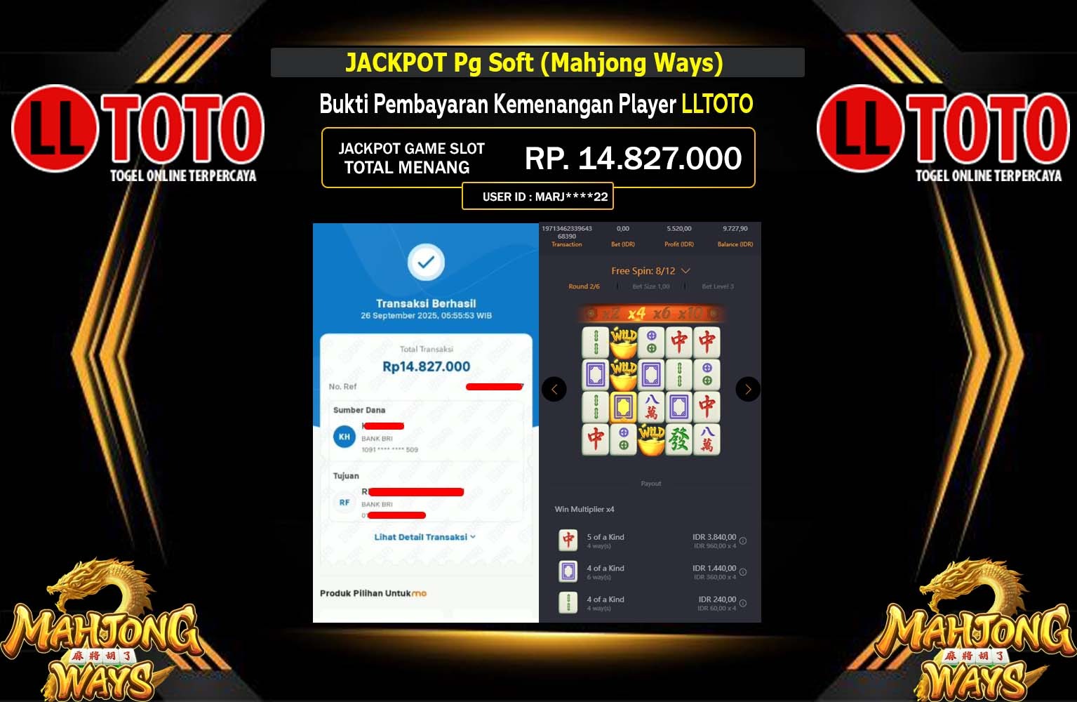 LLTOTO JACKPOT PG SOFT (MAHJONG WAYS) Rp.14.827.000,- LUNAS