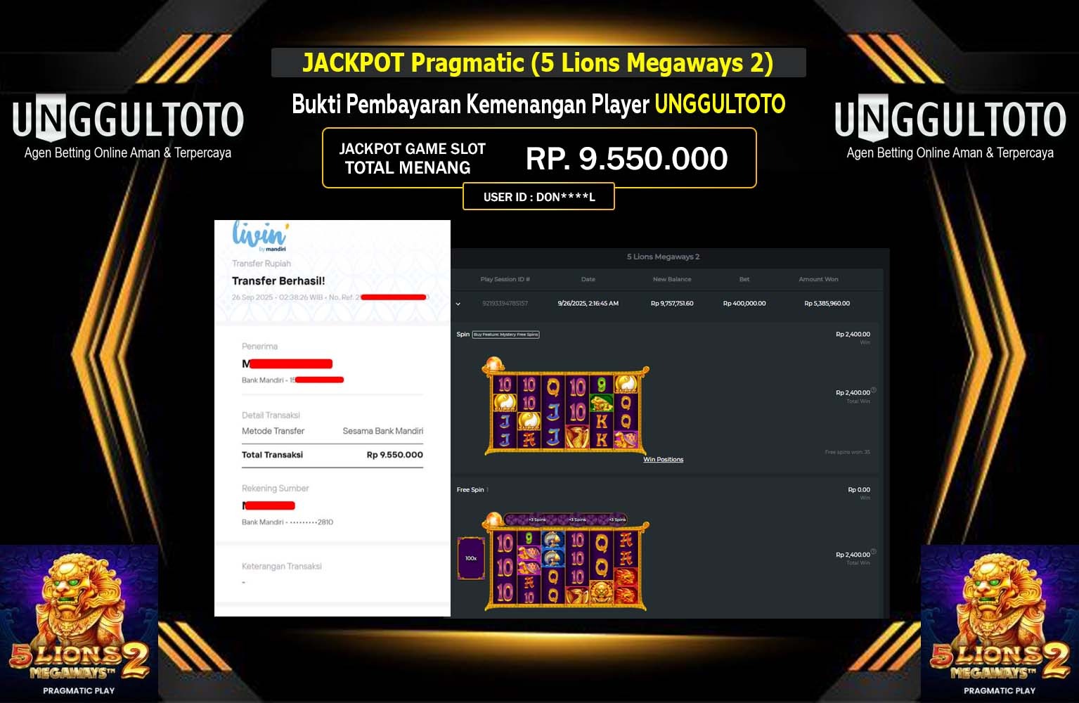 UNGGULTOTO JACKPOT PRAGMATIC (5 LIONS MEGAWAYS 2) Rp.9.550.000,- LUNAS