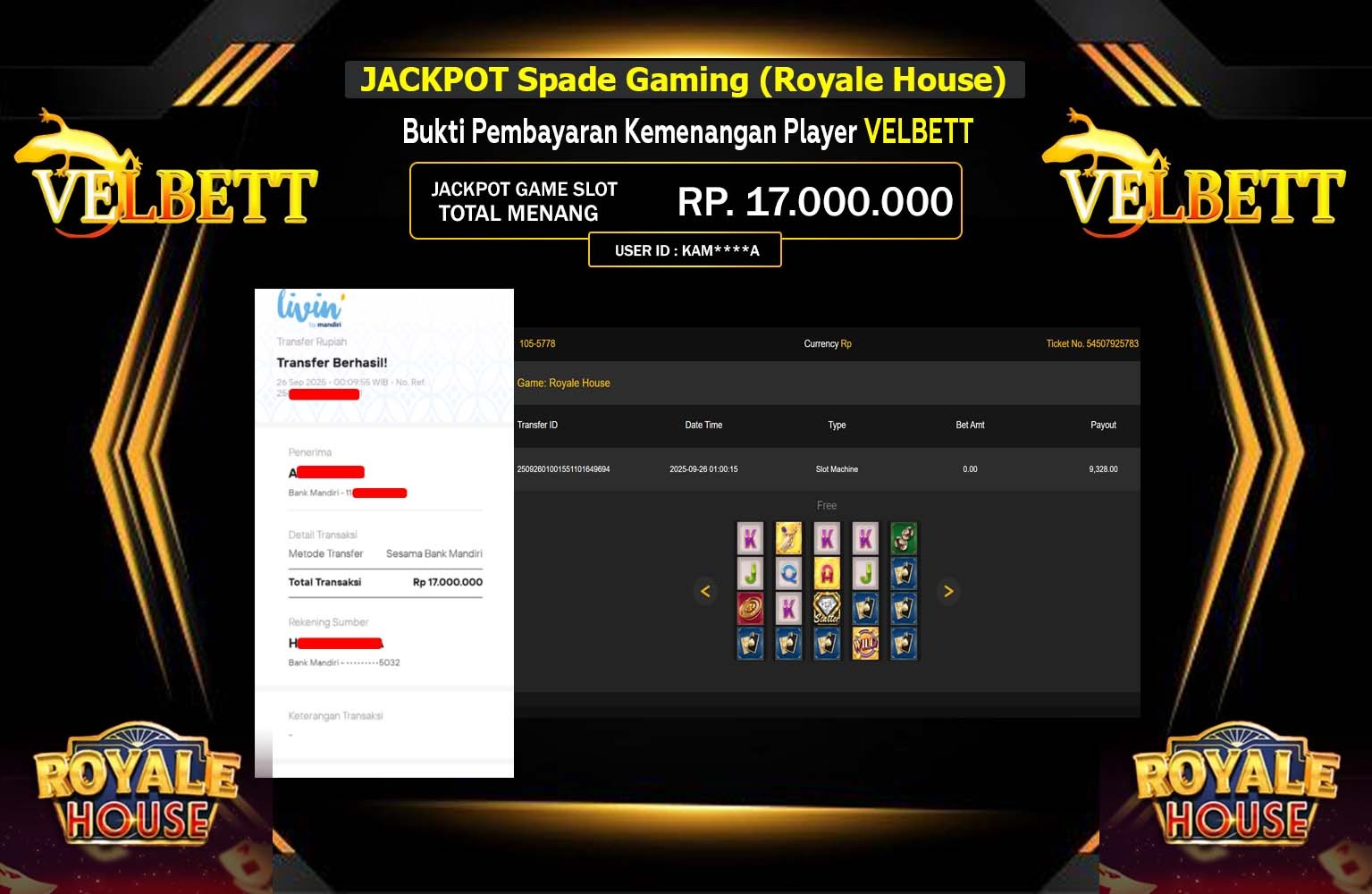 VELBETT JACKPOT SPADE GAMING (ROYALE HOUSE) Rp.17.000.000,- LUNAS
