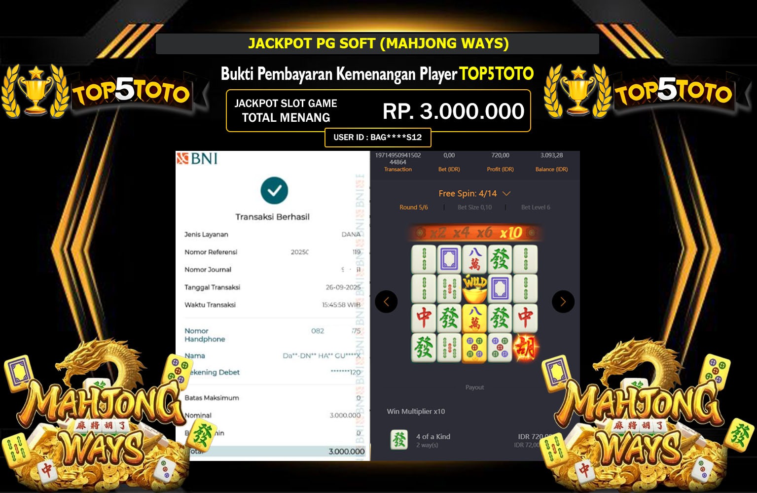TOP5TOTO JACKPOT PG SOFT (MAHJONG WAYS) Rp.3.000.000,- LUNAS