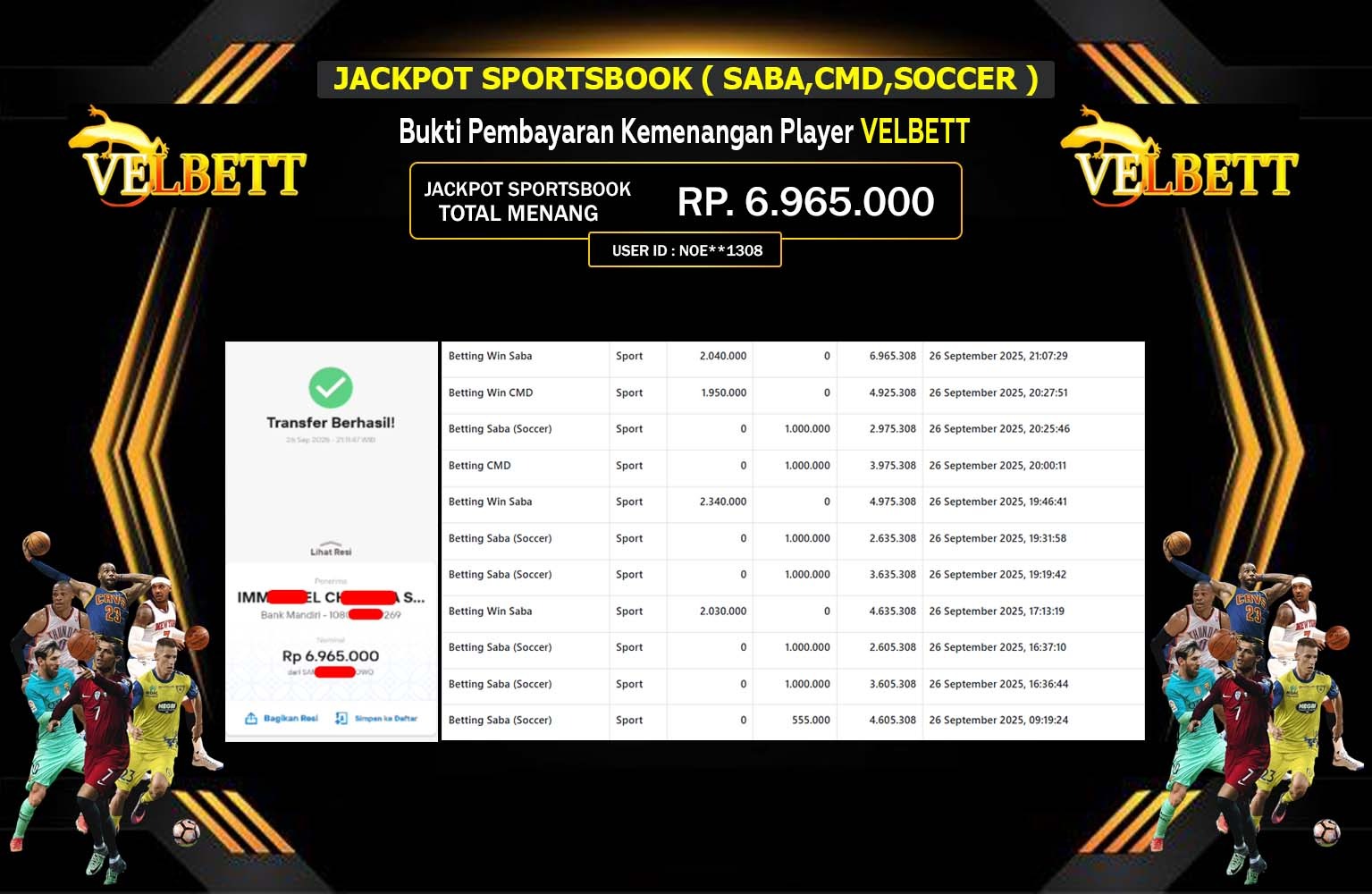 VELBETT JACKPOT SPORTSBOOK (SABA,CMD,SOCCER) Rp.6.965.000,- LUNAS